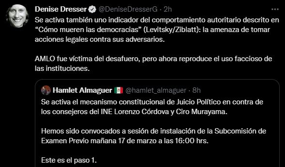 Denise Dresser tundió a AMLO por juicio político a consejeros del INE