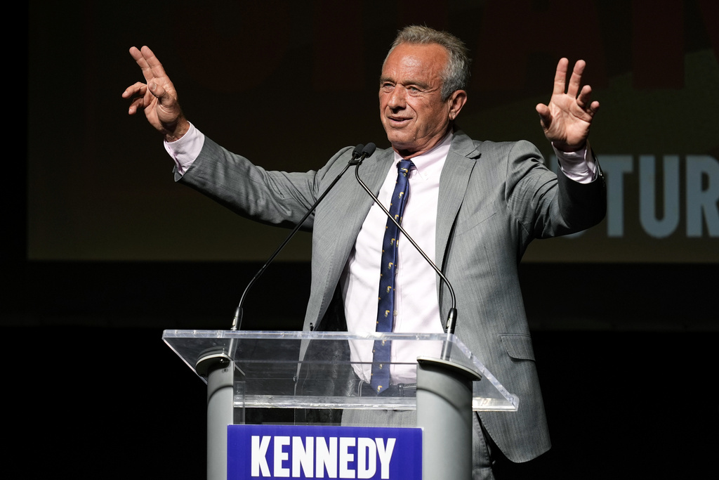 Independent presidential candidate Robert F. Kennedy Jr. waves to supporters during a campaign event, Saturday, April 13, 2024, in West Des Moines, Iowa.