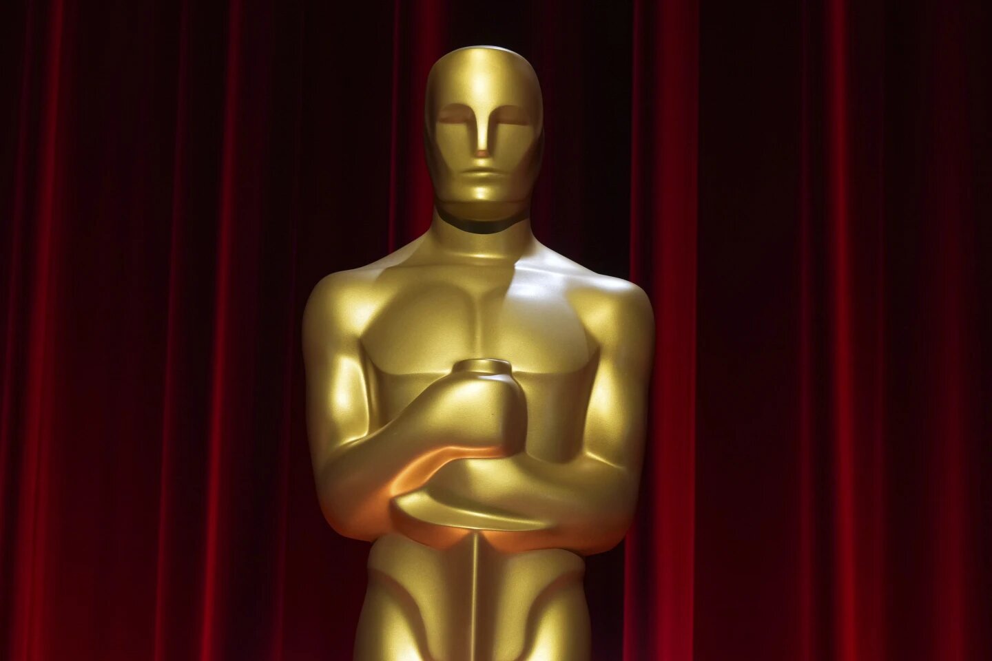 A replica of the Academy Awards statuette on display prior to the 96th Academy Awards nominations announcement on Tuesday, Jan. 23, 2024, at the Samuel Goldwyn Theater in Beverly Hills, Calif.