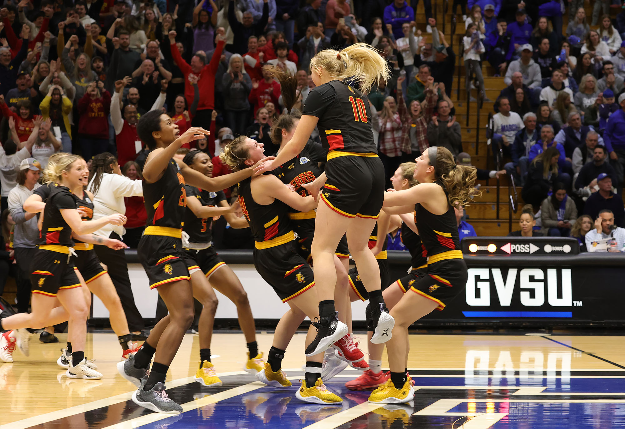 Ferris State women's team celebrates a win