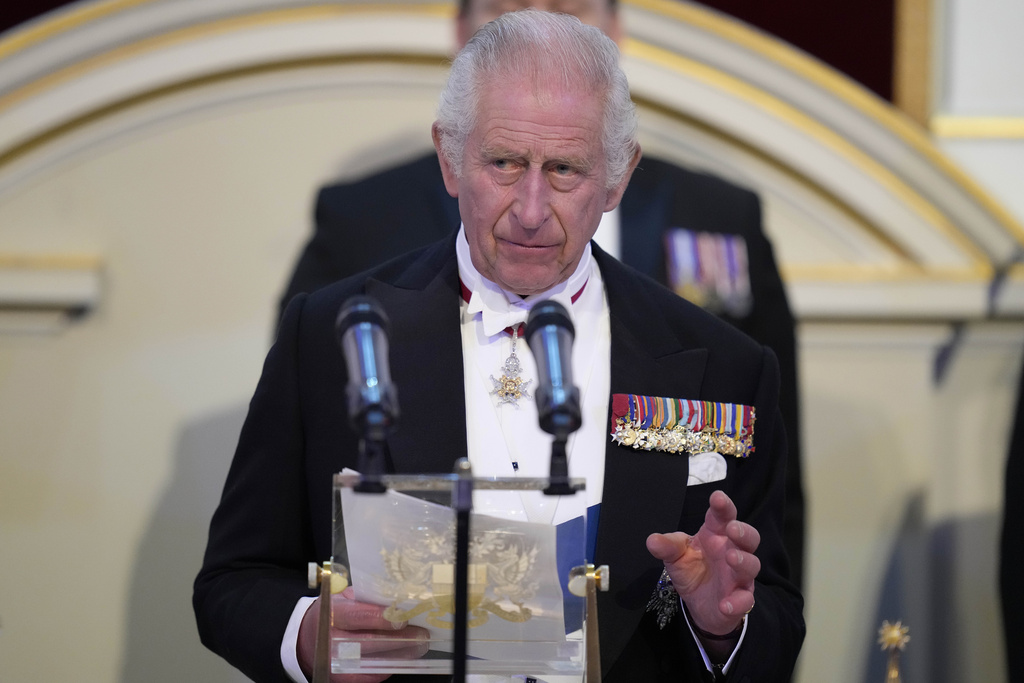 Britain's King Charles III addresses assembled guests at Mansion House in London, Wednesday, Oct. 18, 2023.