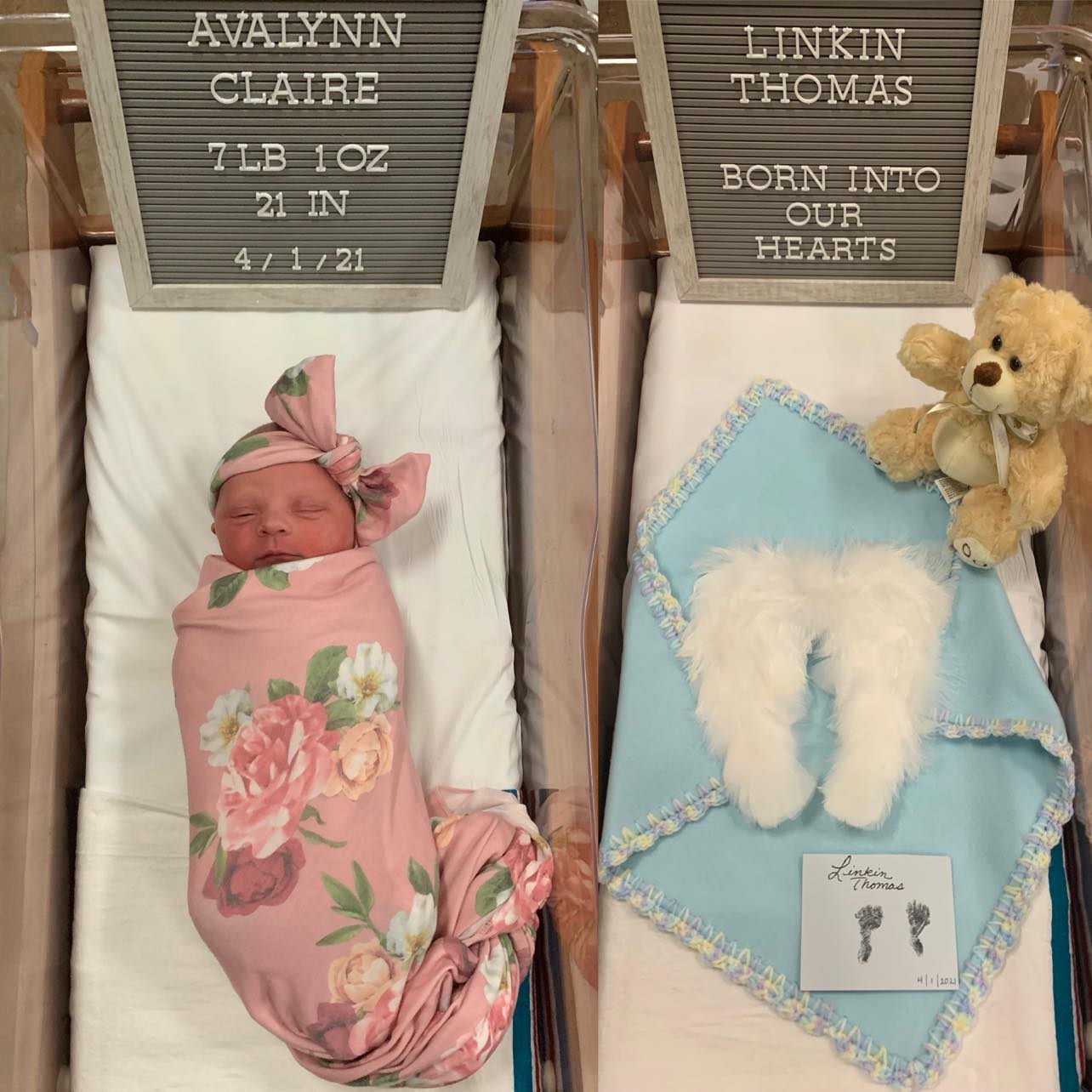 Ben and Katie Brooks' daughter Ava is pictured as a newborn beside a crib honoring her late brother Linkin in a birth announcement photo.