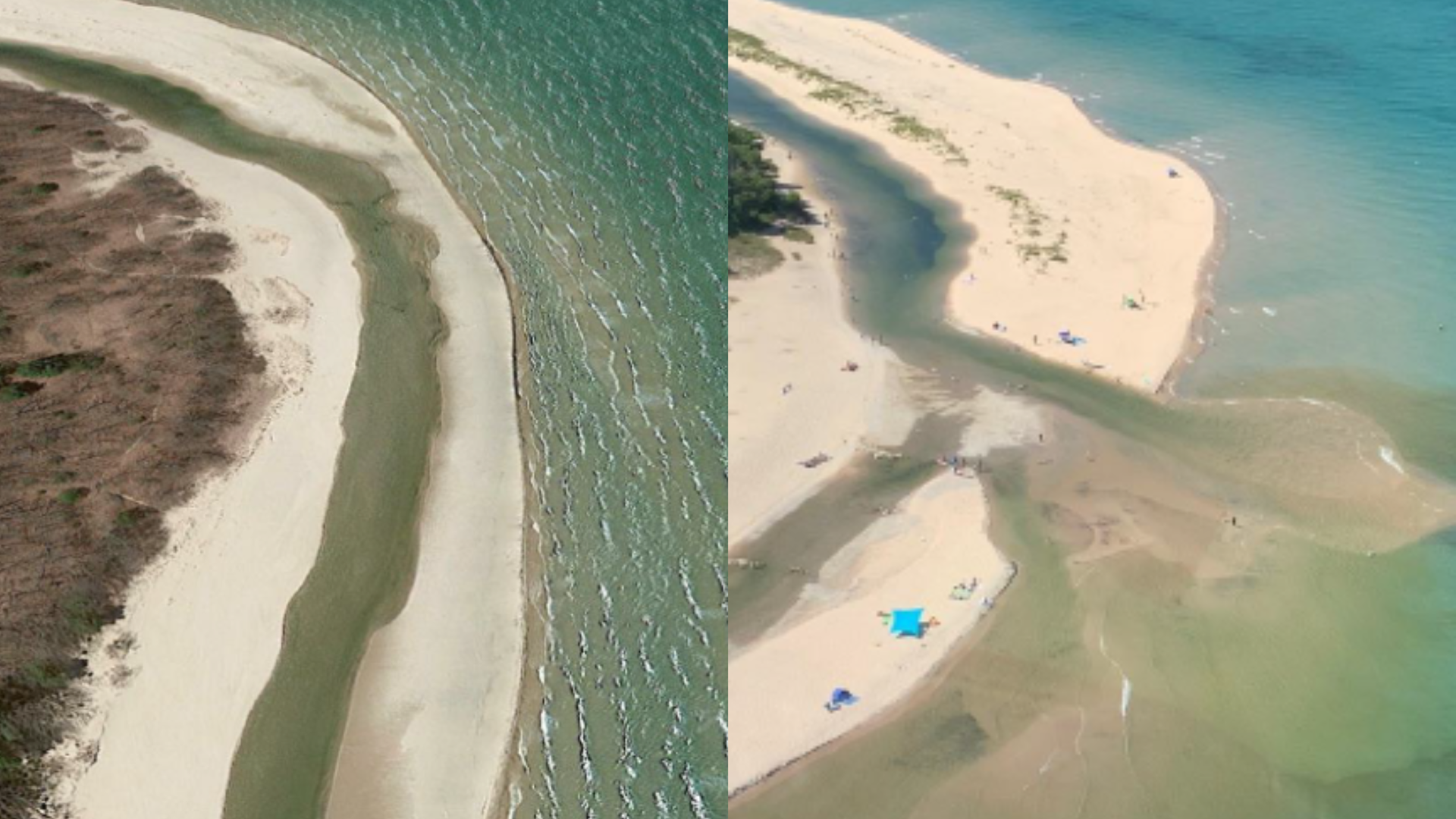 These aerial photographs, taken in May 2022, show the natural flow of the Platte River (left) and the diverted channel emptying directly into Lake Michigan (right) approximately three days later