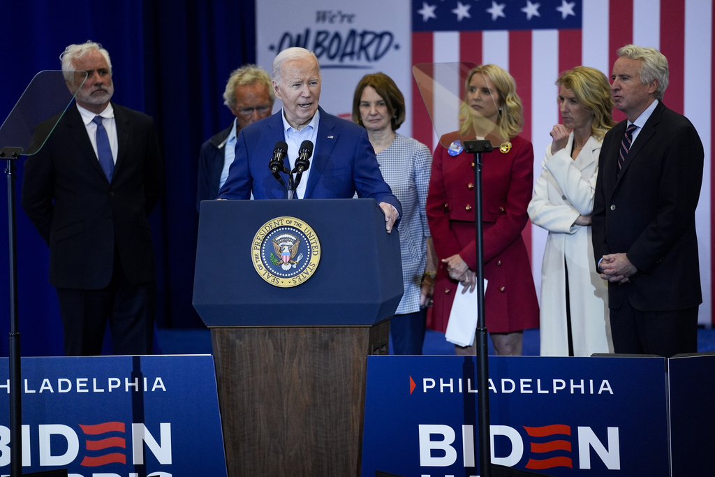 President Joe Biden speaks during a campaign event in Philadelphia, Thursday, April 18, 2024, with members of the Kennedy family.