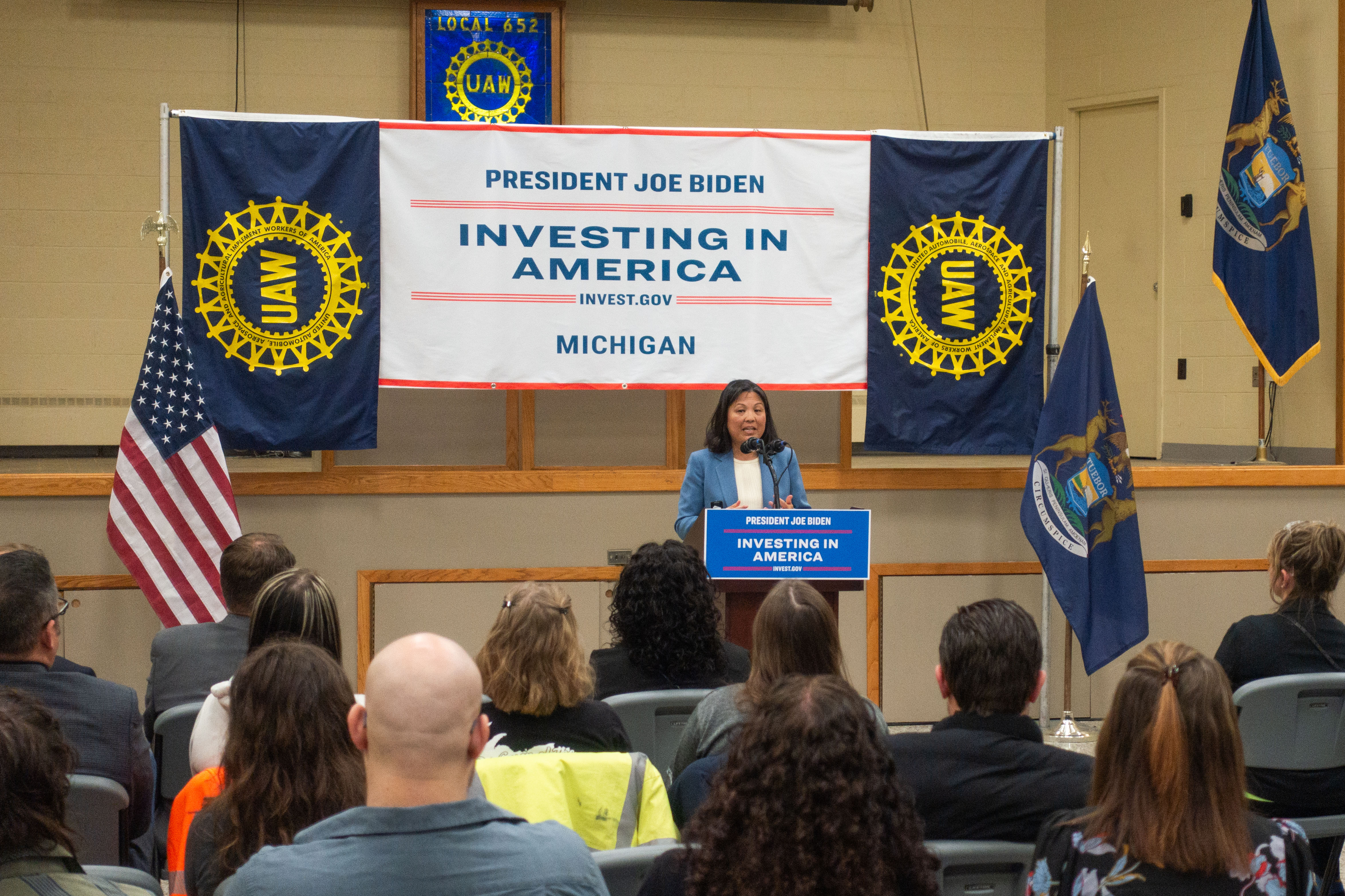 U.S. Labor Secretary Julie Su speaks in Lansing to highlight federal investments in electric vehicle manufacturing.