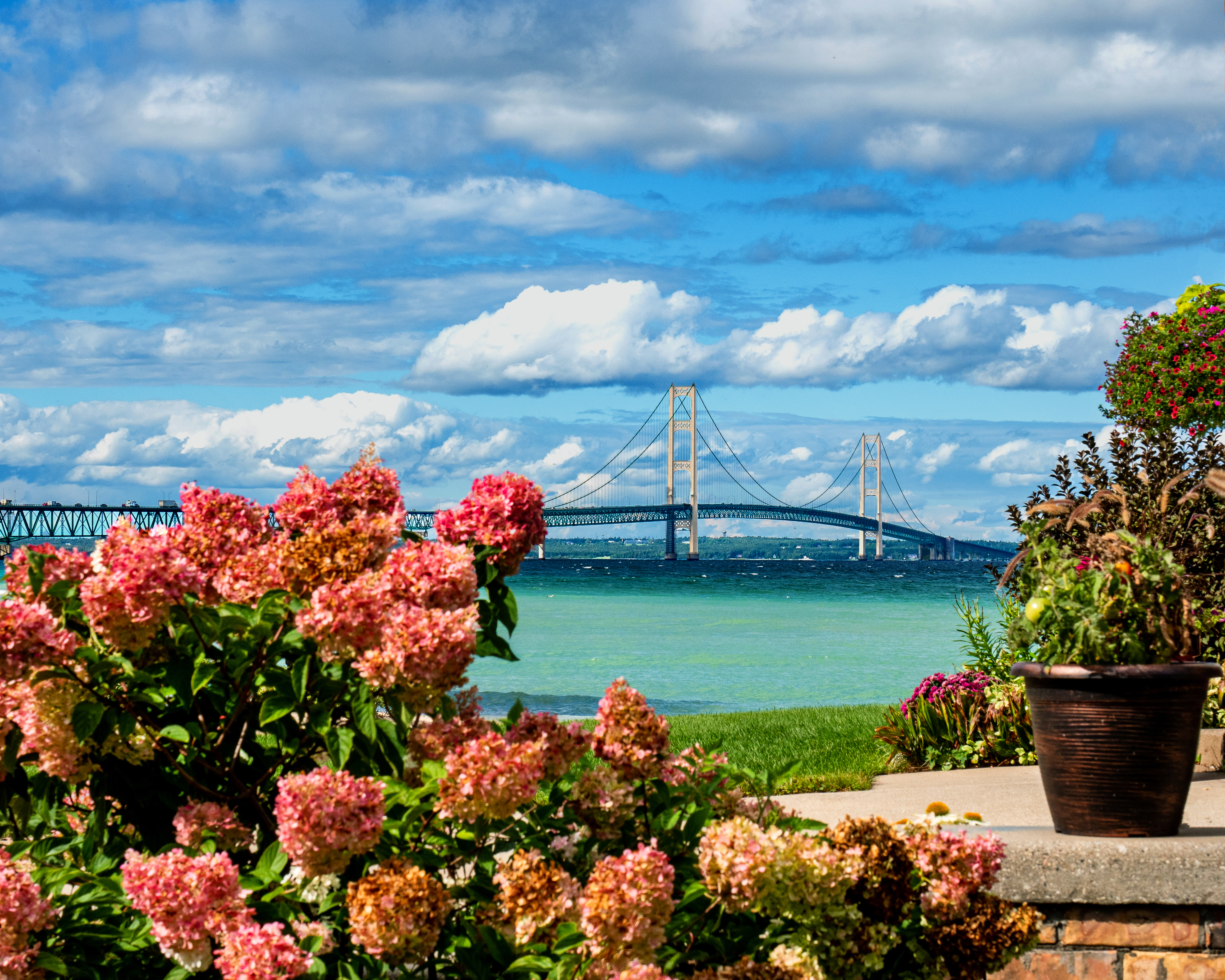 The Mackinac Bridge stands out on a summer day.