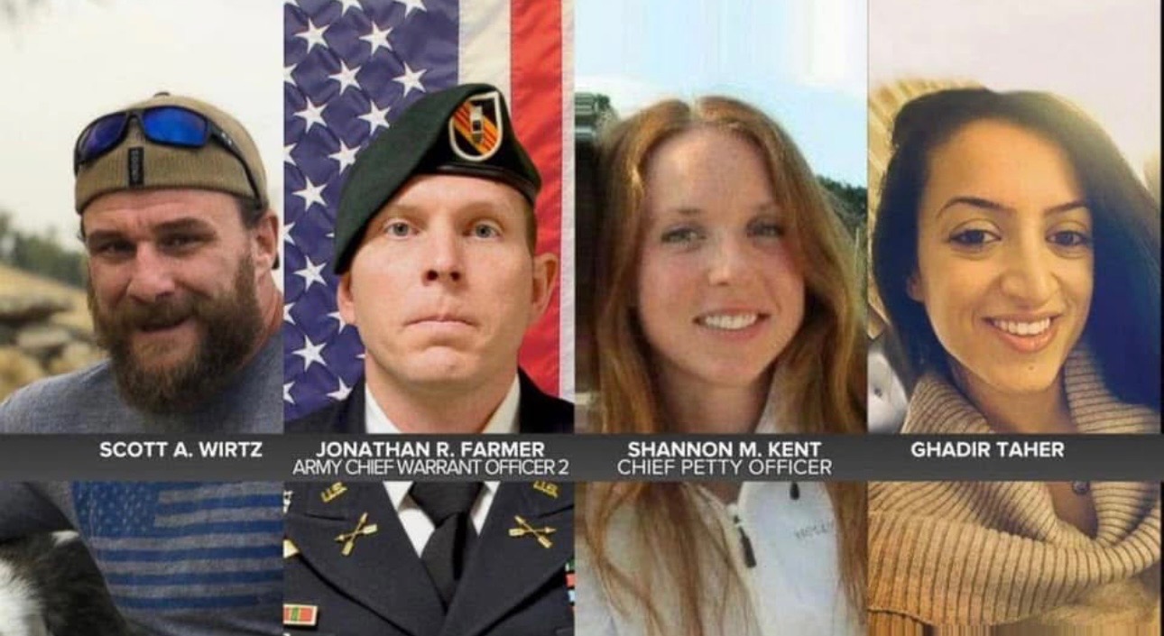 Turnbull's mission team mates killed in Syria included (left to right) Navy Petty Officer, second class Scott Wirtz, Special Forces Chief John Farmer, Naval intelligence Senior Chief Shannon Kent and non-combatant linguist Ghadir Taher.