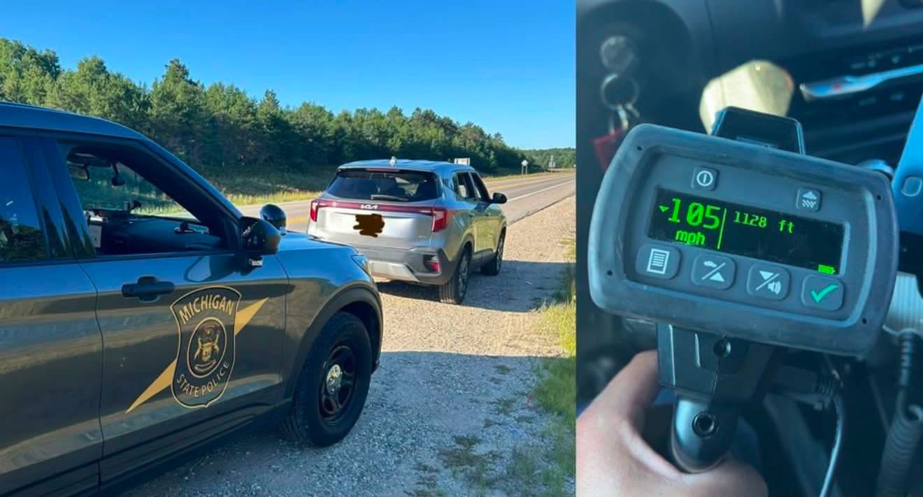 Unlicensed driver, with 4-year-old unrestrained child in the back seat, cited for driving 105 mph