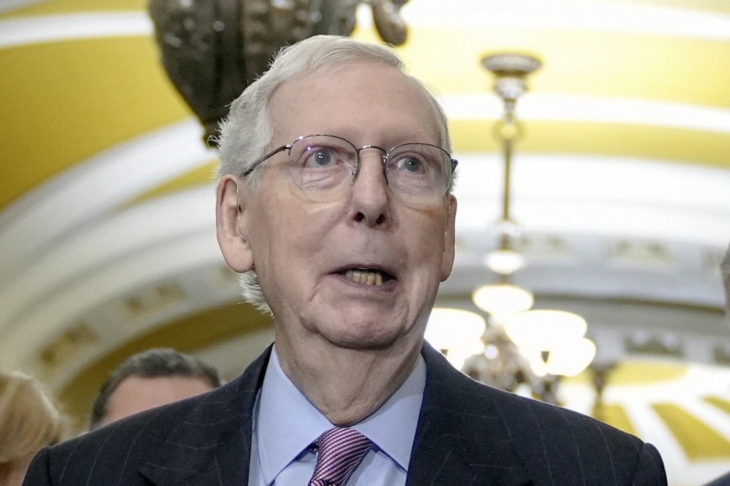 Senate Minority Leader Mitch McConnell, R-Ky., talks after a policy luncheon on Capitol Hill Tuesday, Feb. 27, 2024, in Washington.