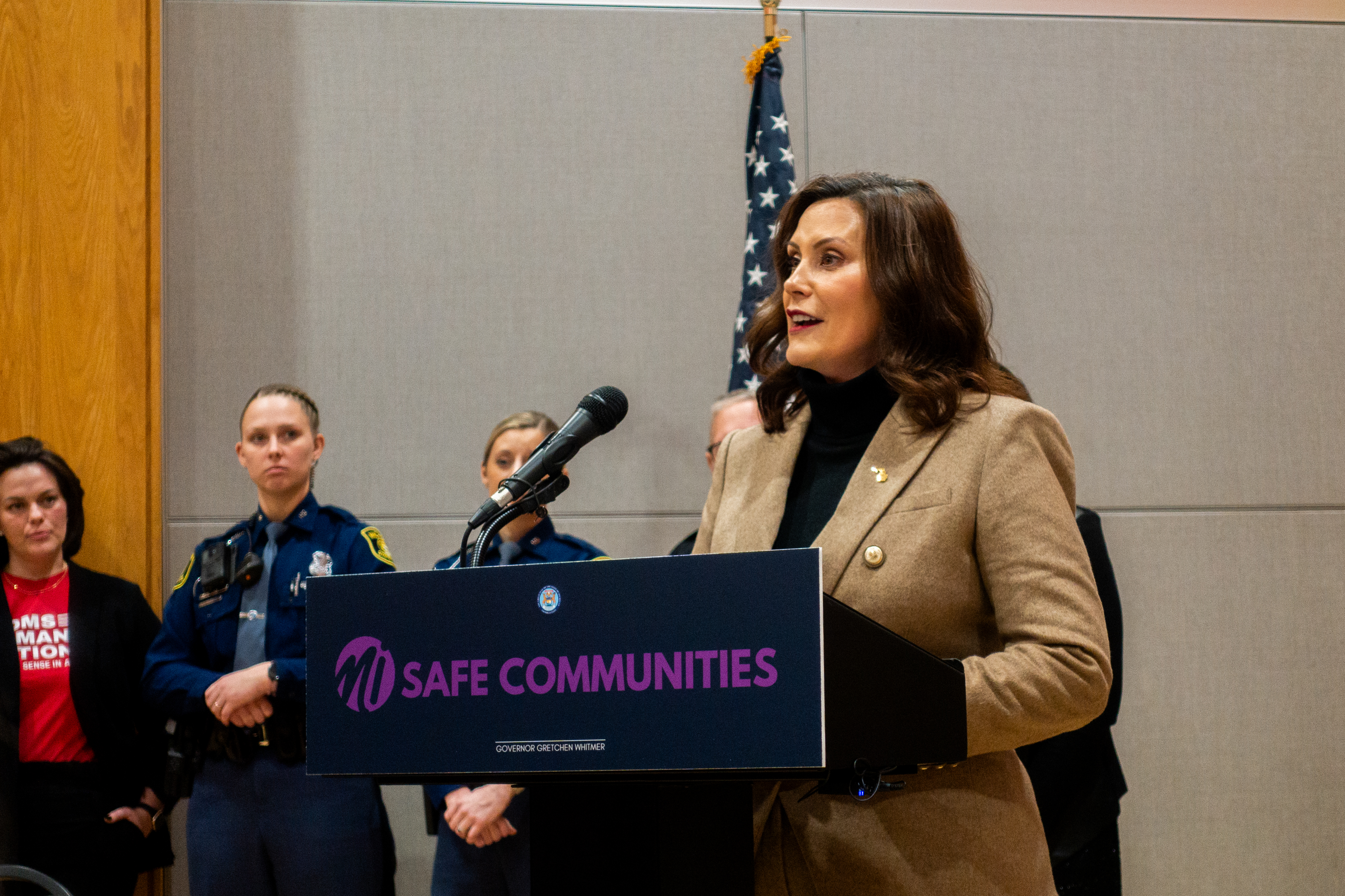 Gov. Gretchen Whitmer speaks before signing bills preventing those convicted of misdemeanor domestic violence offenses from owning firearms for 8 years.