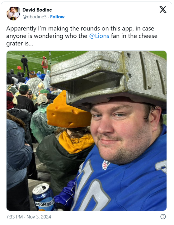 Lions fan goes viral for wearing cheese grater hat to Lambeau Field