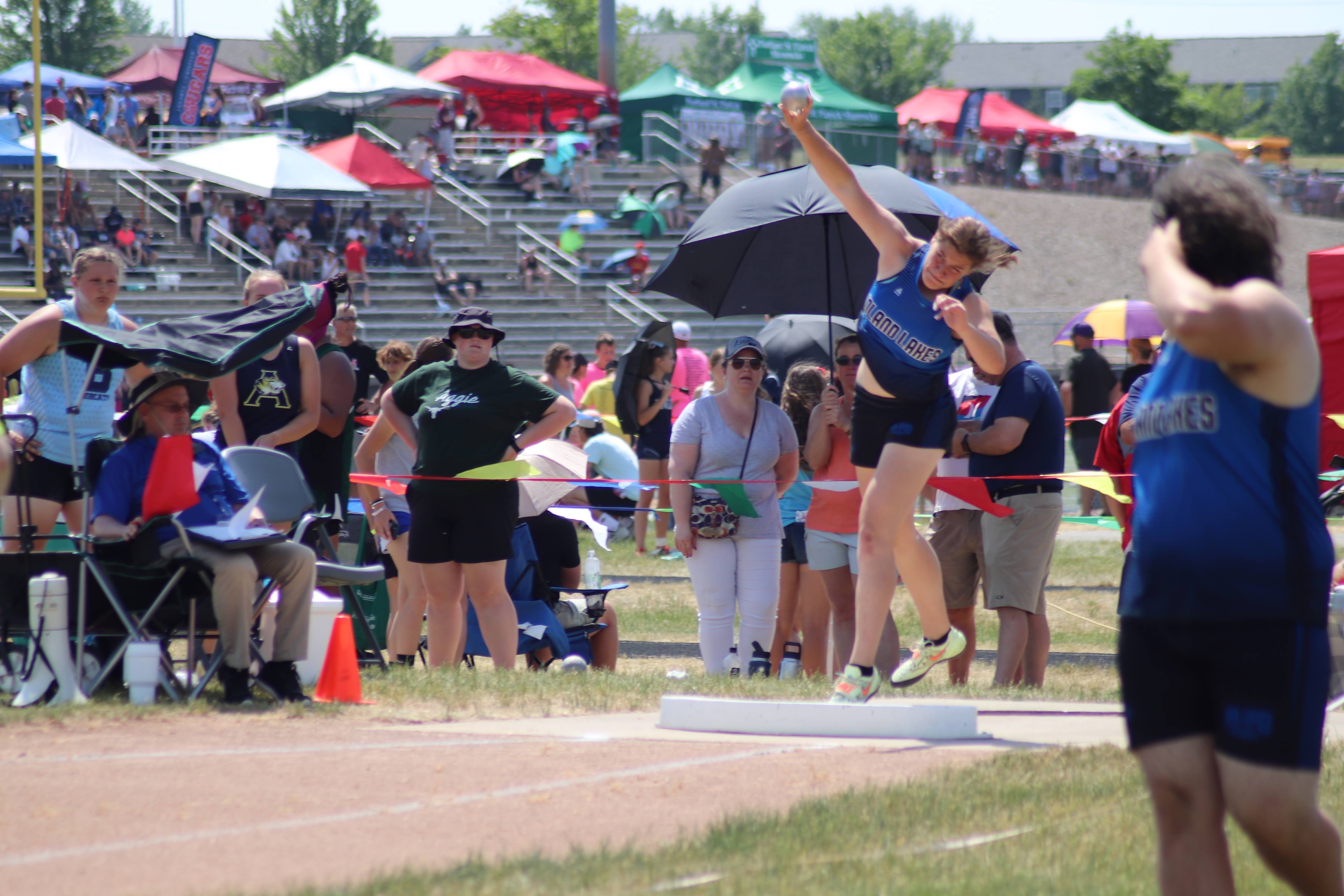 Inland Lakes Natalie Wandrie throws shotput 39 feet 8 inches for 2023 state title.