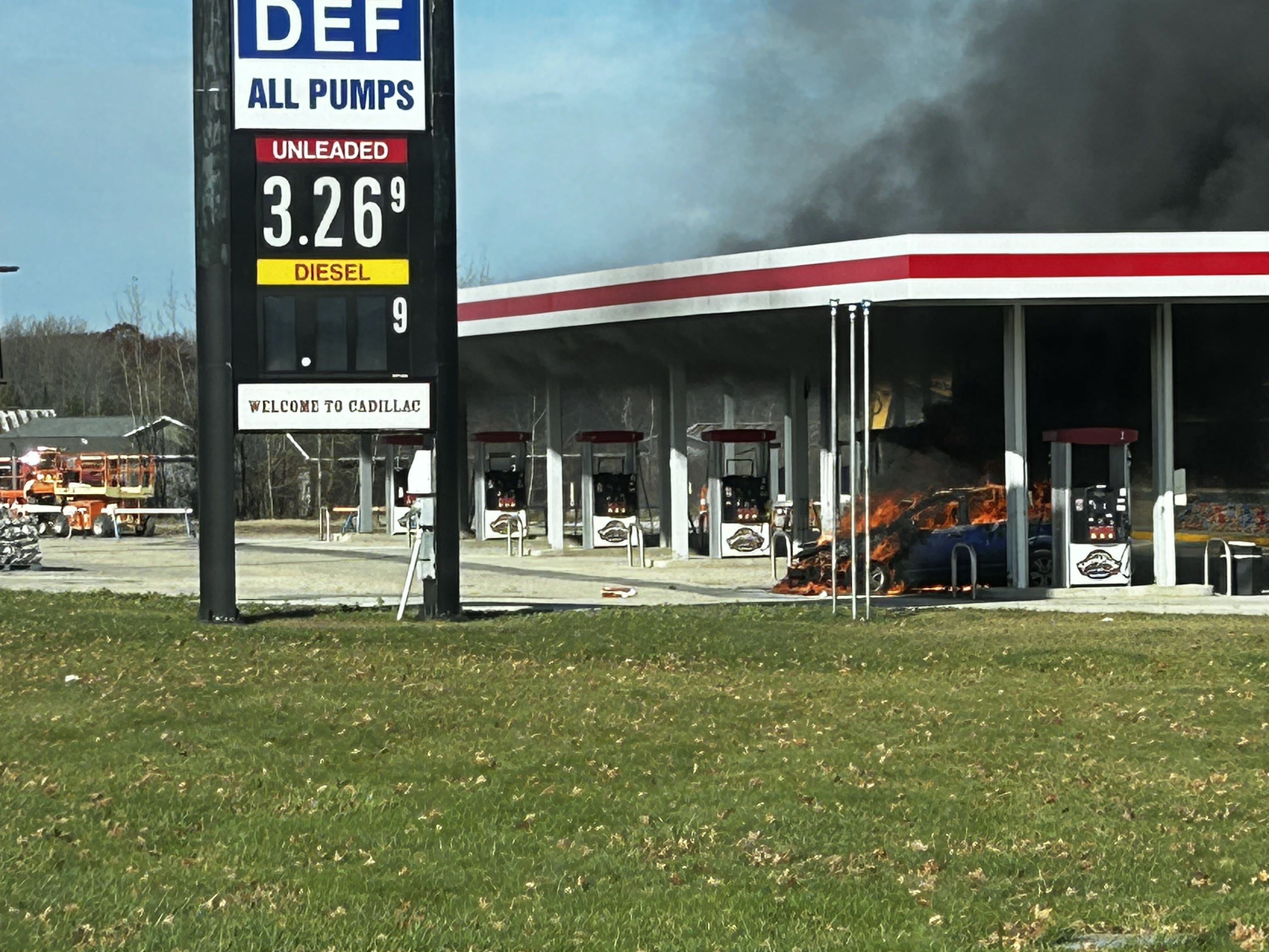Cadillac Fire Department responds to car on fire at Clam Lake Township gas pump