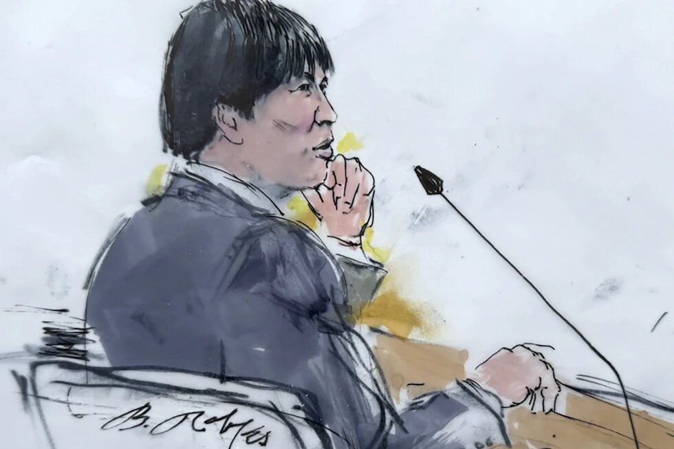 In this courtroom sketch, Ippei Mizuhara, the former longtime interpreter for the Los Angeles Dodgers star Shohei Ohtani appears in federal court in Los Angeles, Friday, April 12, 2024, on a single count of bank fraud.