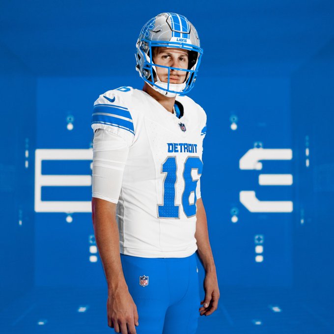 (Courtesy of Detroit Lions on X) Jared Goff in new away uniform