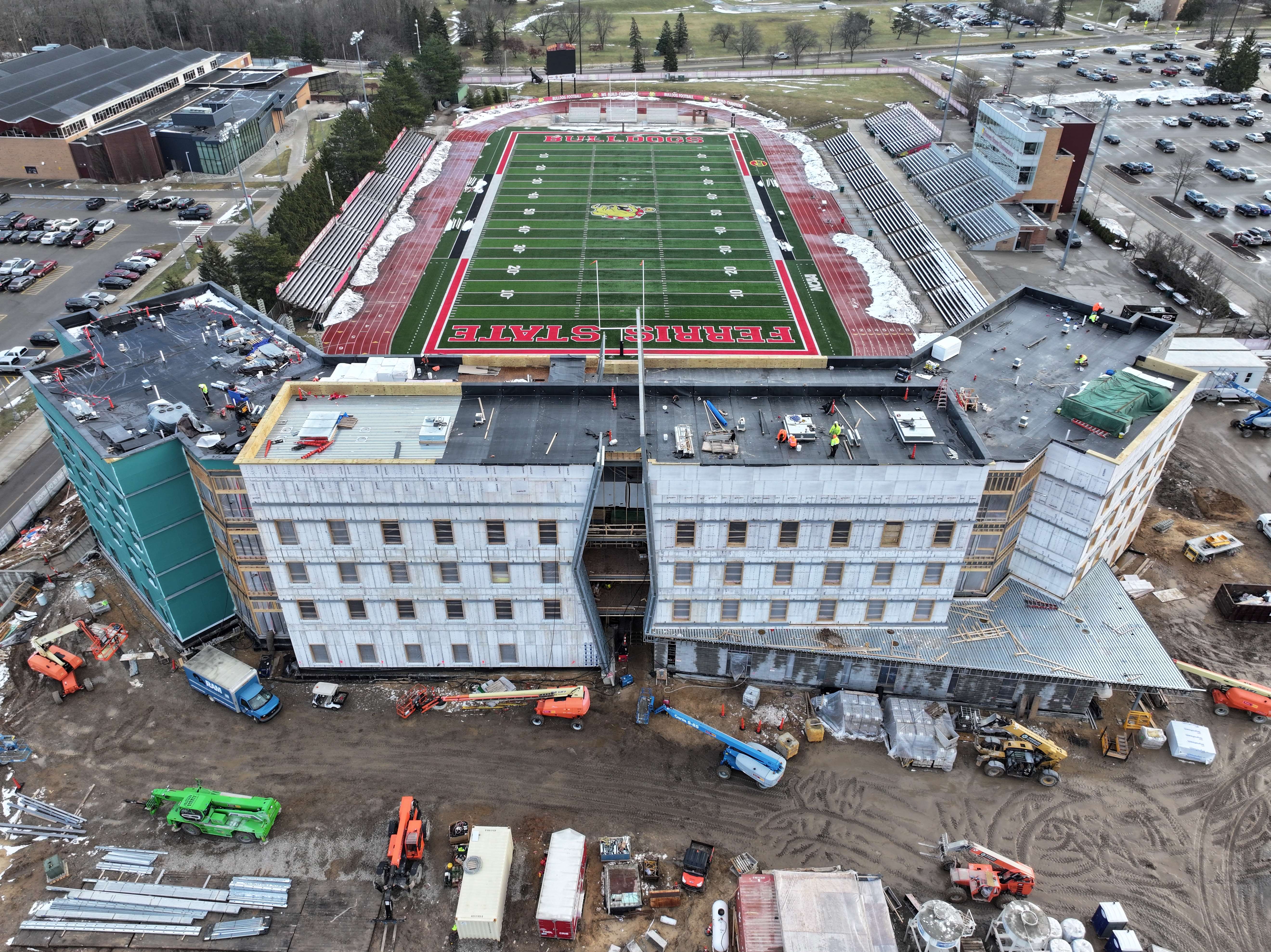 Ferris State University's new $38 million residence hall, Stadium Hall, is set to open for the fall semester and offers views of the Bulldogs' football field from student rooms.