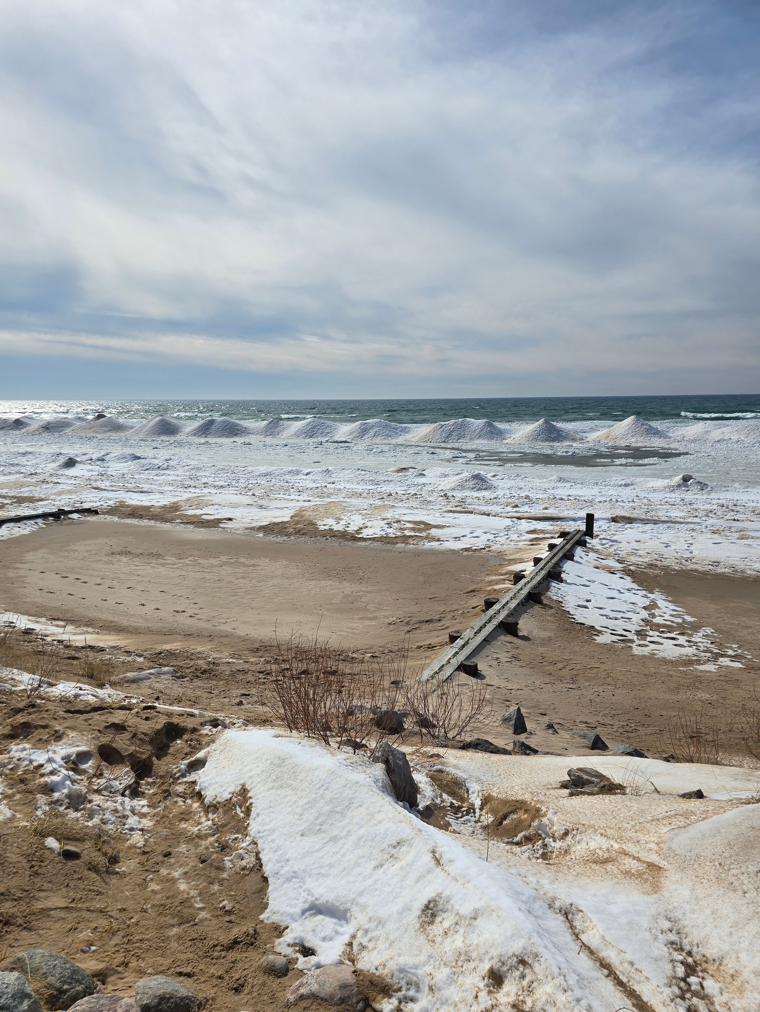 Weird snow formation off the coast of Ludington Michigan. 