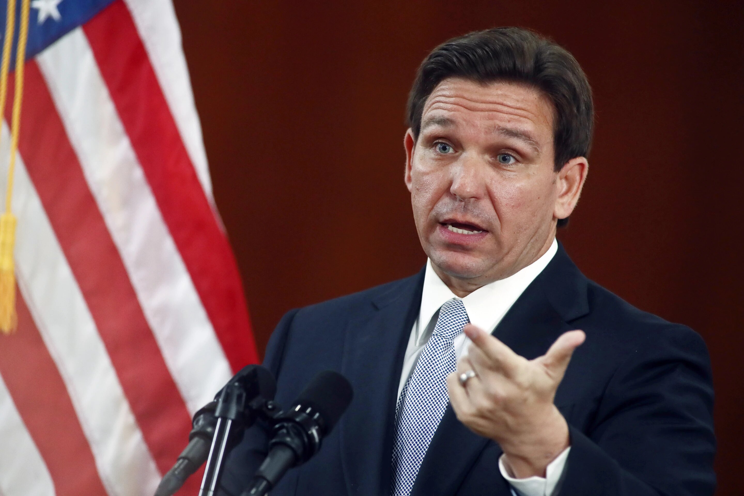 Florida Gov. Ron DeSantis answers questions from the media, March 7, 2023, at the state Capitol in Tallahassee, Fla.