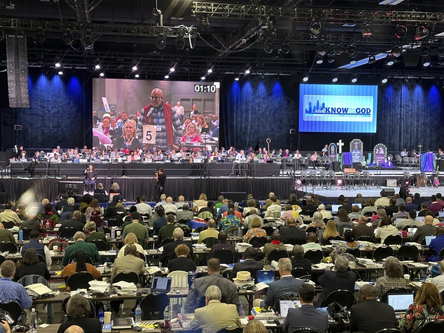 United Methodist delegates listen to a debate during their General Conference meeting Tuesday, April 30, 2024, in Charlotte, N.C.