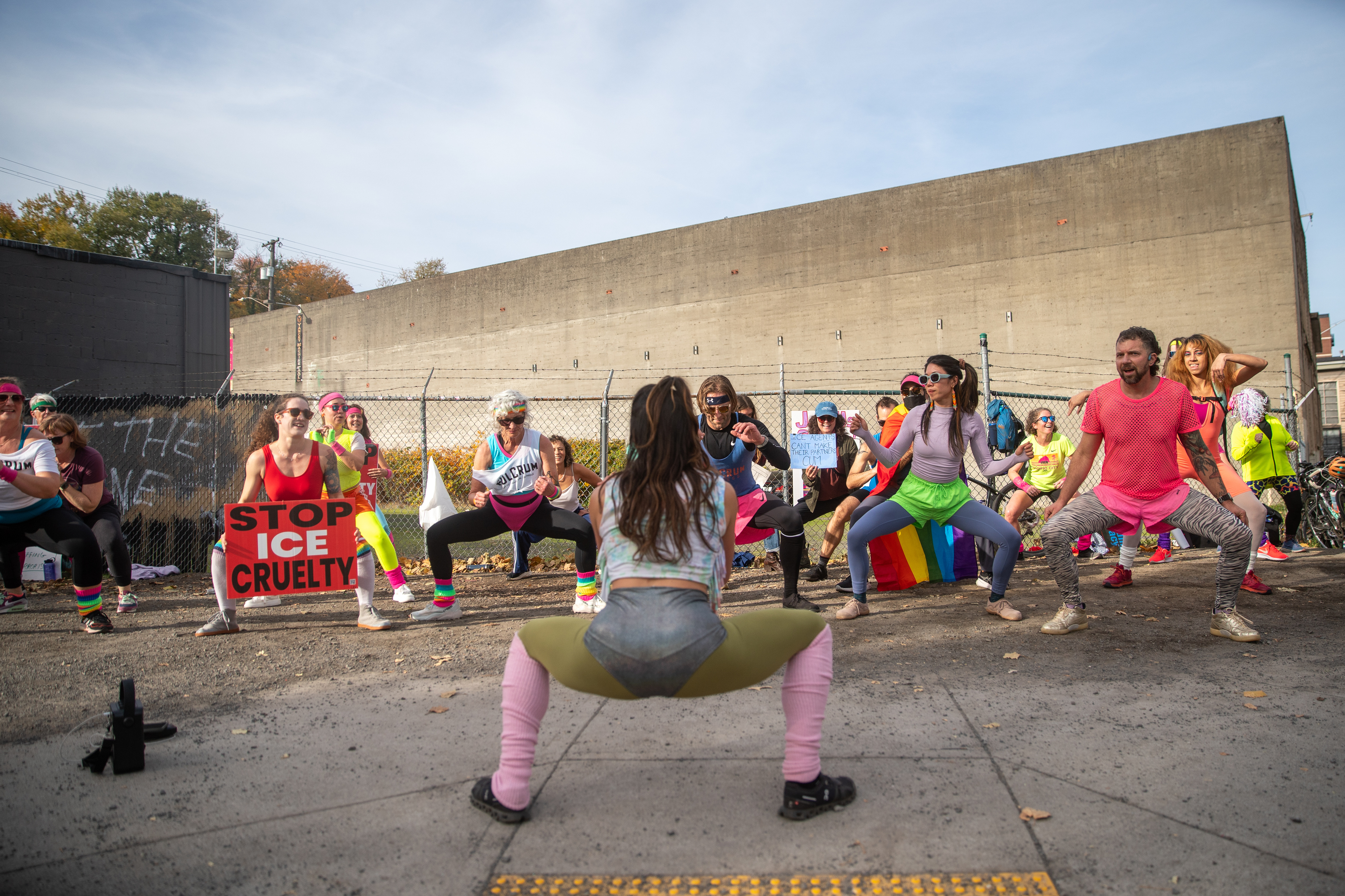 Participants in Fulcrum Fitness’s “Sweatin’ Out the Fascists” held an ’80s-aerobics peaceful protest outside the U.S. Immigration and Customs Enforcement (ICE) facility in South Portland on Sunday, Nov. 9, 2025, collecting donations for the Oregon Food Bank.