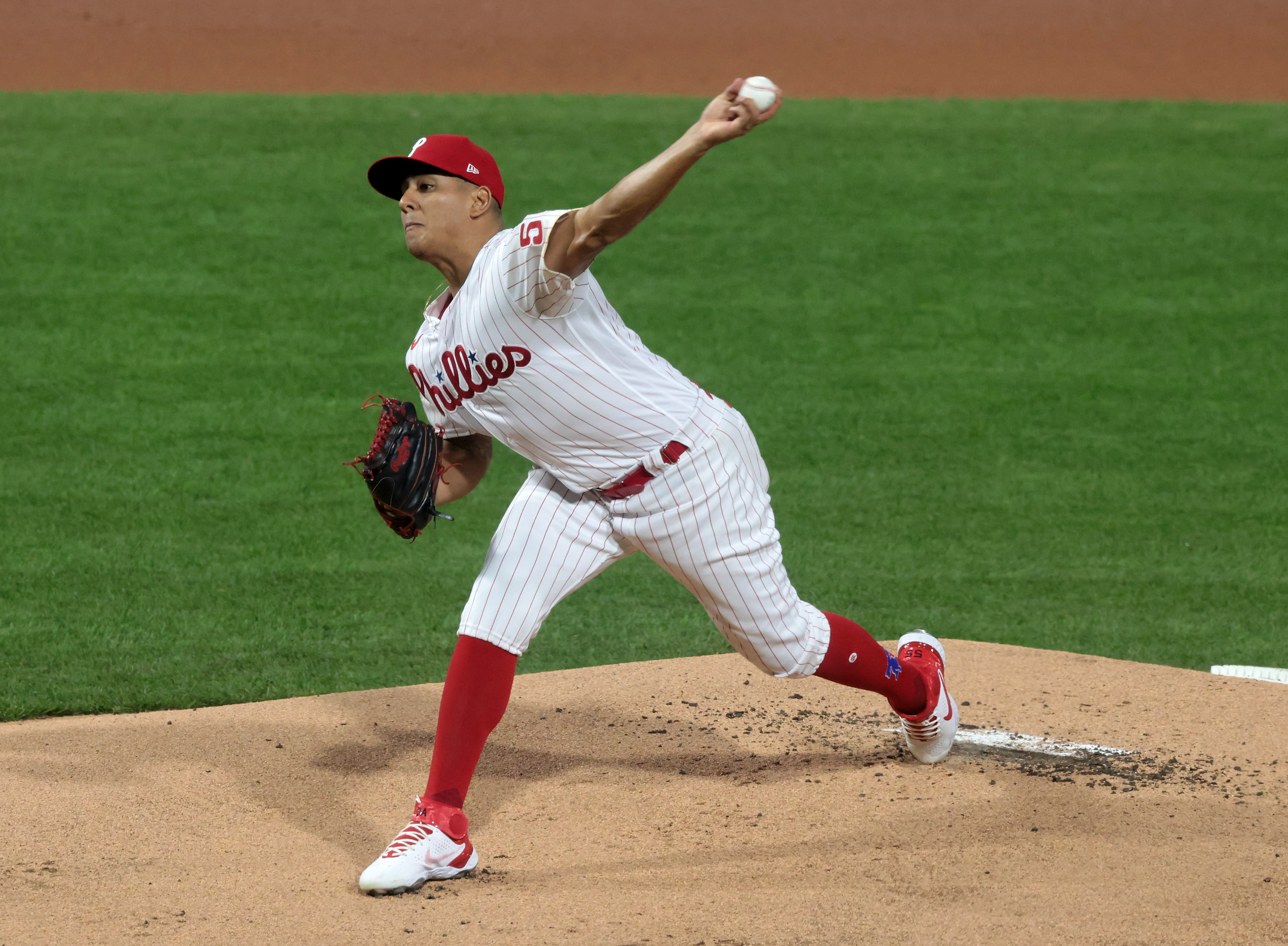 Ranger Suarez (55) of the Philadelphia Phillies pitches vs. the Houston Astros in the first inning during Game 3 of the World Series at Citizens Bank Park, Tuesday, Nov. 1 2022.