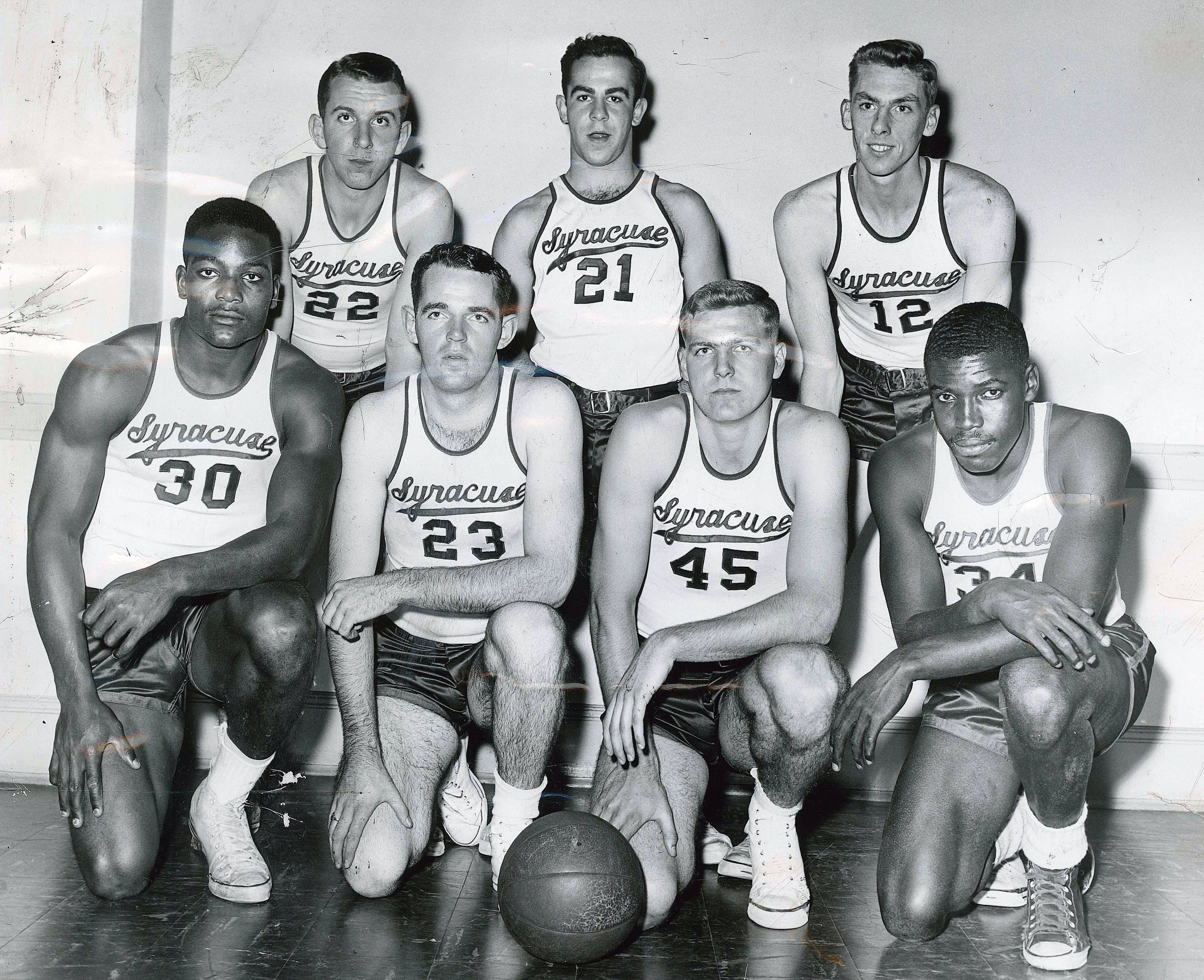 Syracuse University basketball players from 1955. Players are, kneeling from left are Jim Brown, James Snyder, Gary Clark, Vince Cohen. The players standing are from left, Gus Castellini, Lou Cegala, and Ron Gillespie.

Photo from The Post-Standard archive