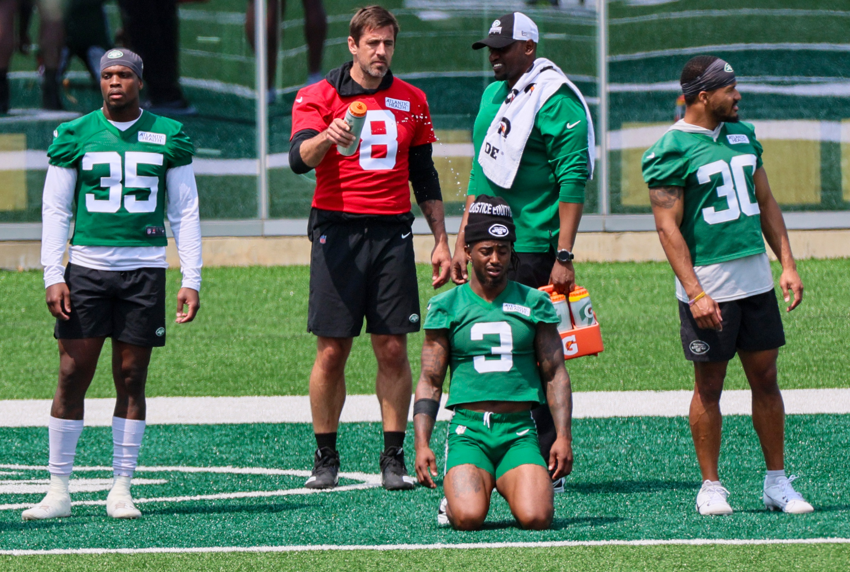 Quarterback Aaron Rodgers injured at New York Jets OTAs, May 23, 2023 ...