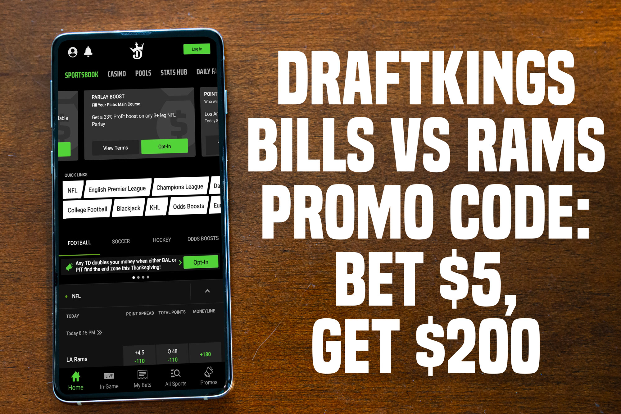 DraftKings promo code: bet $5, get $200 for Bills-Rams showdown