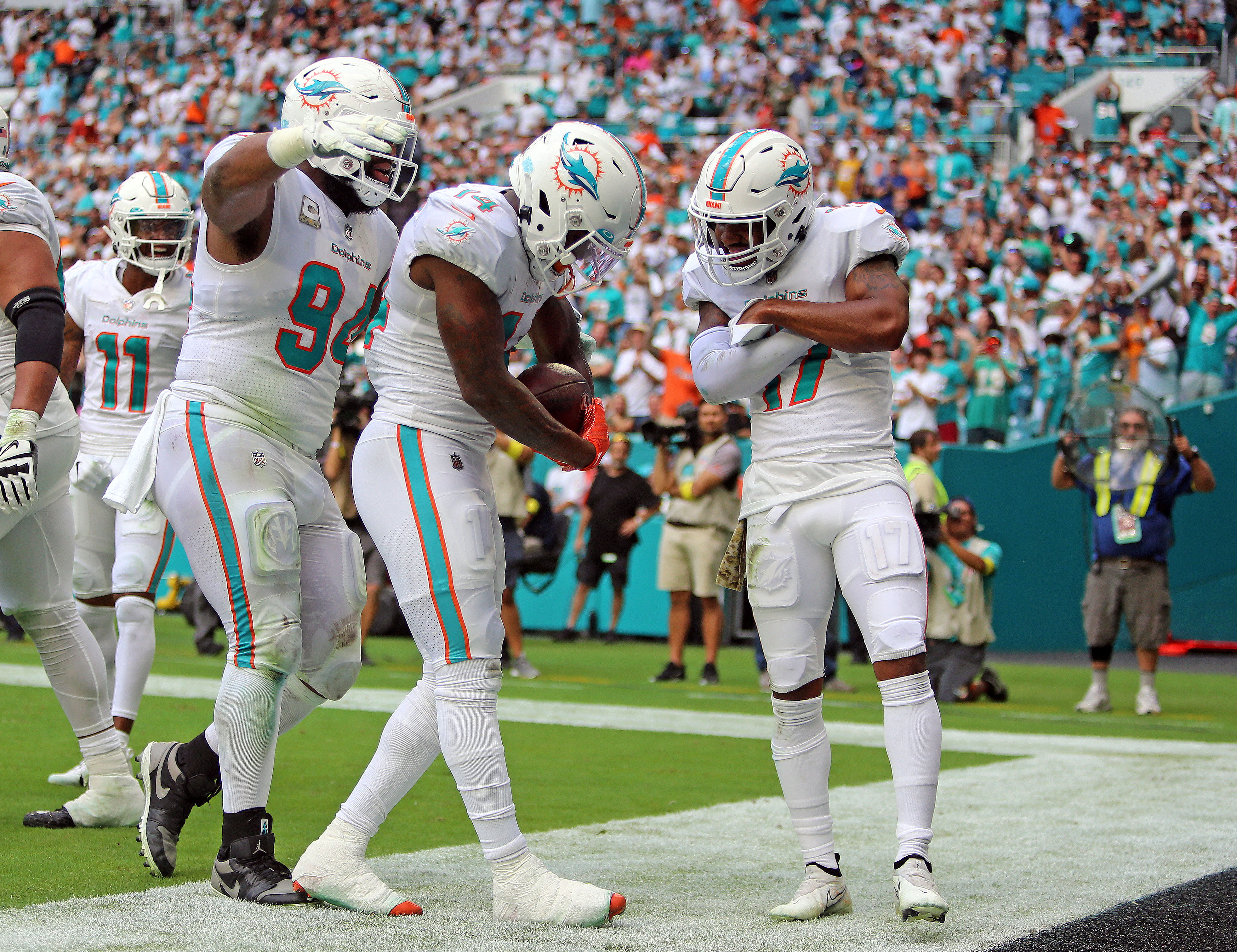 Miami Dolphins wide receiver Trent Sherfield (14) celebrates with