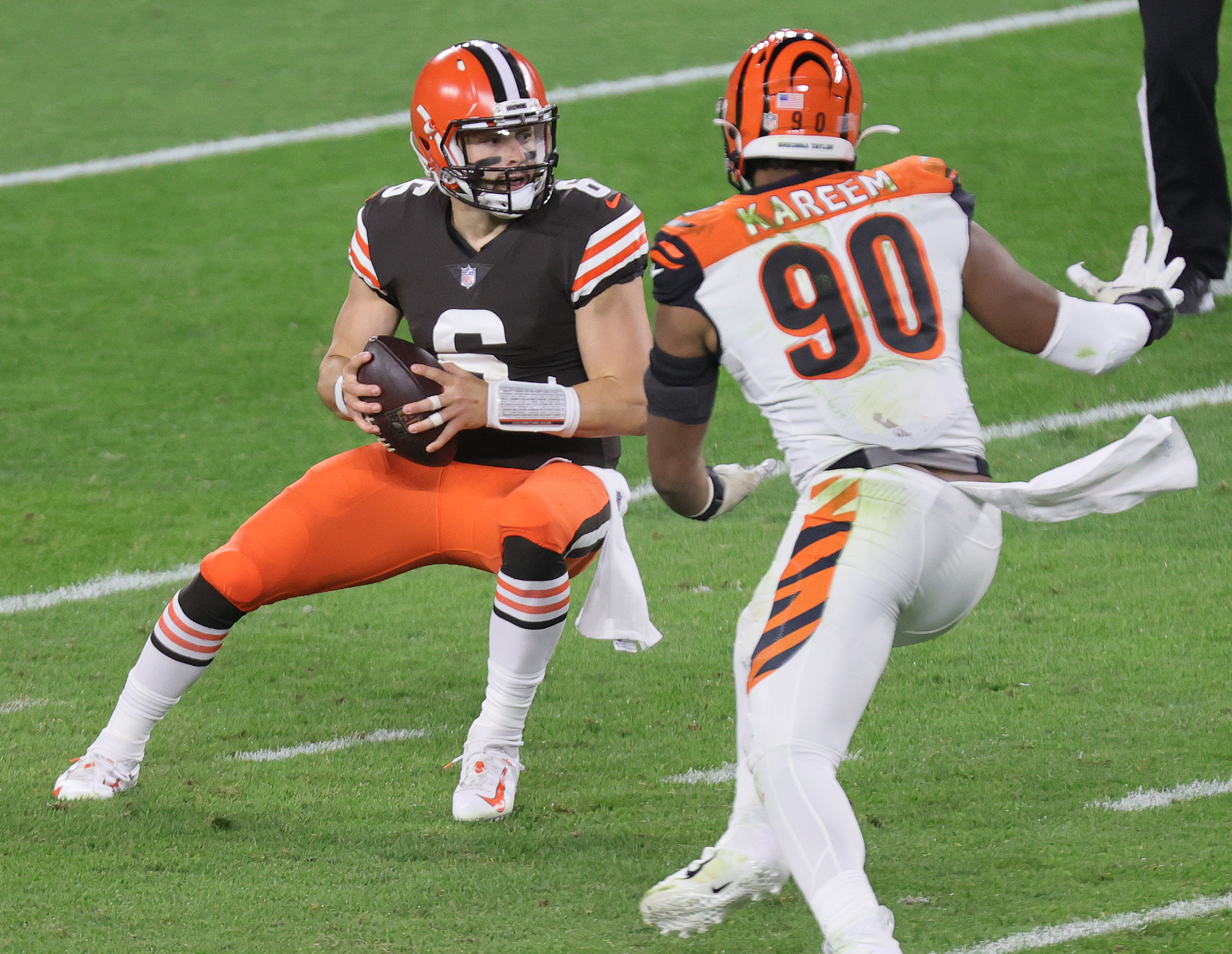 Cincinnati Bengals defensive end Khalid Kareem (90) runs off the field  after an NFL football game against the New York Jets, Sunday, Oct. 31,  2021, in East Rutherford, N.J. (AP Photo/Adam Hunger