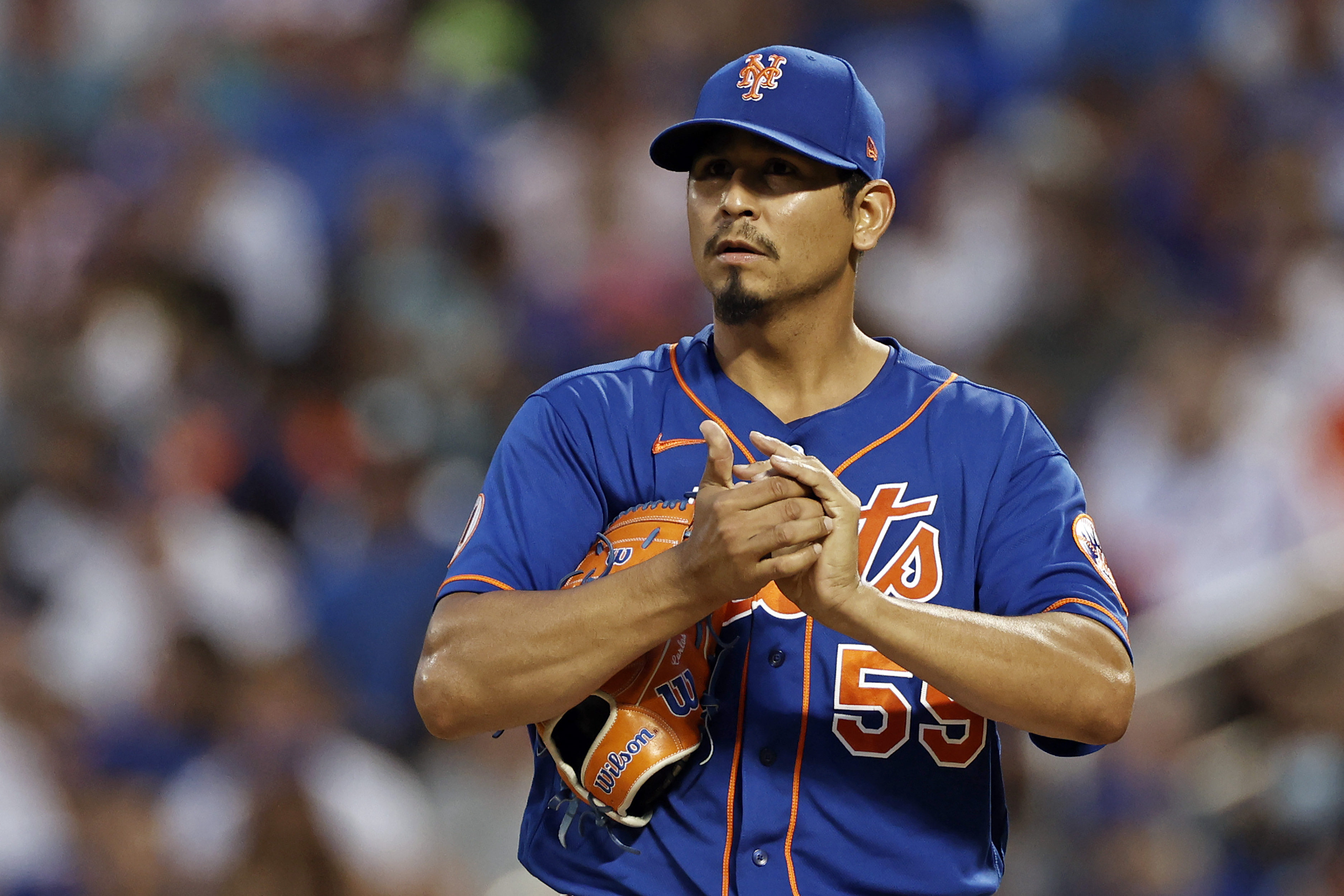 Carlos Carrasco #59 - Game Used Jackie Robinson Day Jersey and Hat Combo -  5 IP, 2 ER, 3 K's - Mets vs. Athletics - 4/15/23