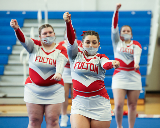 Fulton High School cheerleaders perform during the Cheerleading Section III Championship at Sandy Creek Central School District Saturday, November 6, 2021. Marilu Lopez Fretts | Contributing Photographer Marilu Lopez Fretts