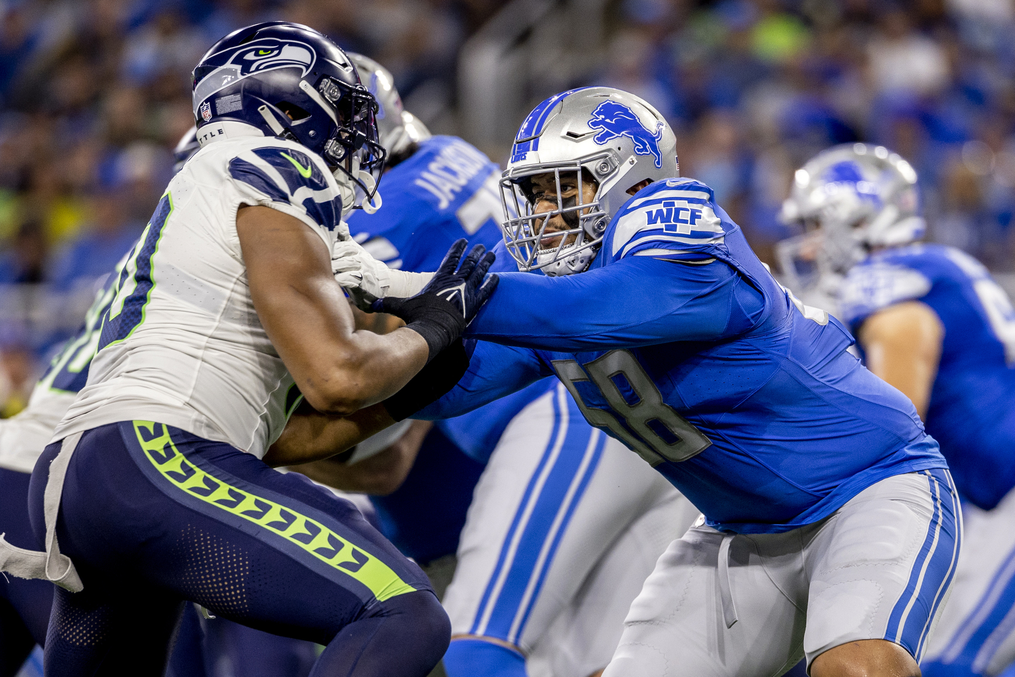 Detroit Lions center Evan Brown (63) blocks against the Washington  Commanders during an NFL football game, Sunday, Sept. 18, 2022, in Detroit.  (AP Photo/Rick Osentoski Stock Photo - Alamy