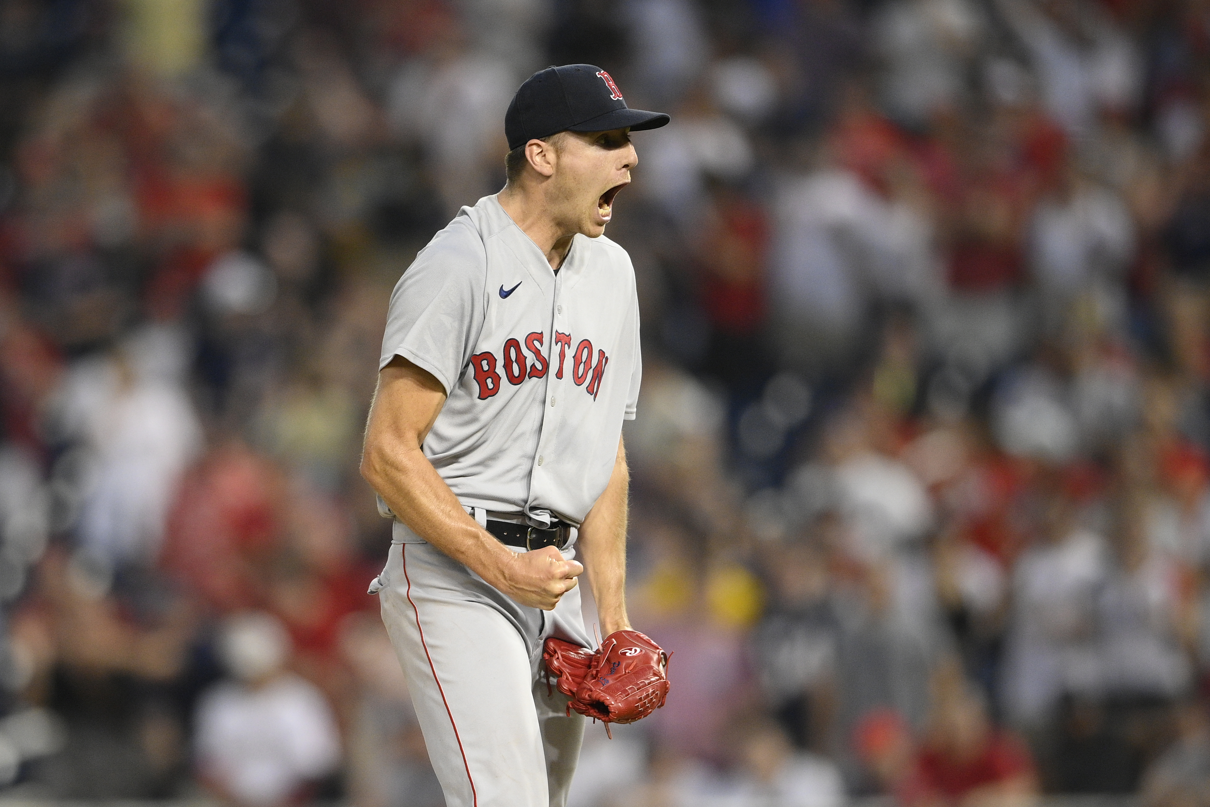 Boston Red Sox starting pitcher Nick Pivetta reacts at the end of a baseball  game against