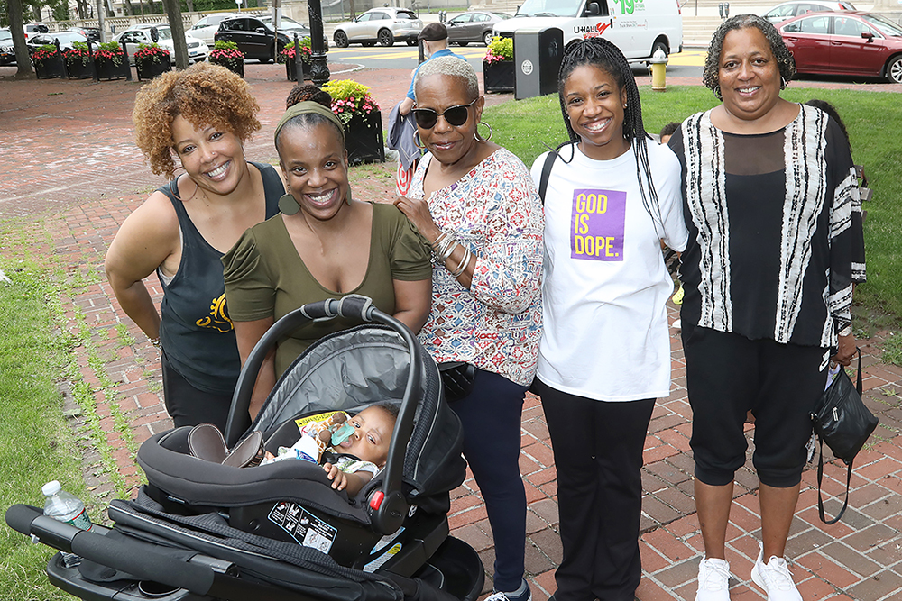  L to R- Alysia Cutting, Diona Brodie with Kobe Pitts, Darlene Savage, Adrianne Jiles, and Tracey Thomas at Chalk for Change 2022 taking place at Court Square in Springfield on July 16th. (Ed Cohen Photo)