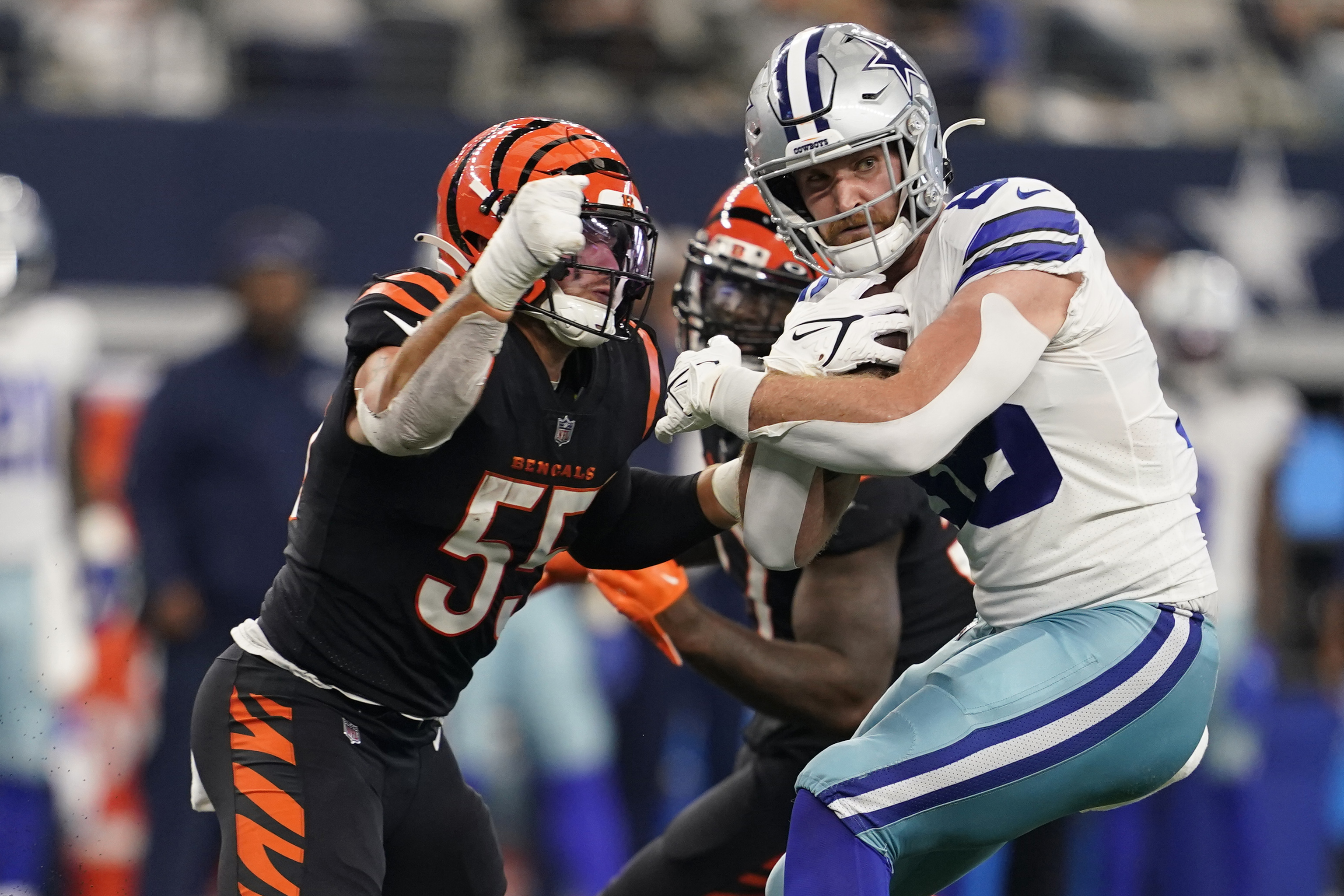 Dallas Cowboys defensive end Dante Fowler Jr. (56) is seen on the sidelines  during an NFL football game against the Cincinnati Bengals, Sunday, Sept.  18, 2022, in Arlington, Texas. Dallas won 20-17. (