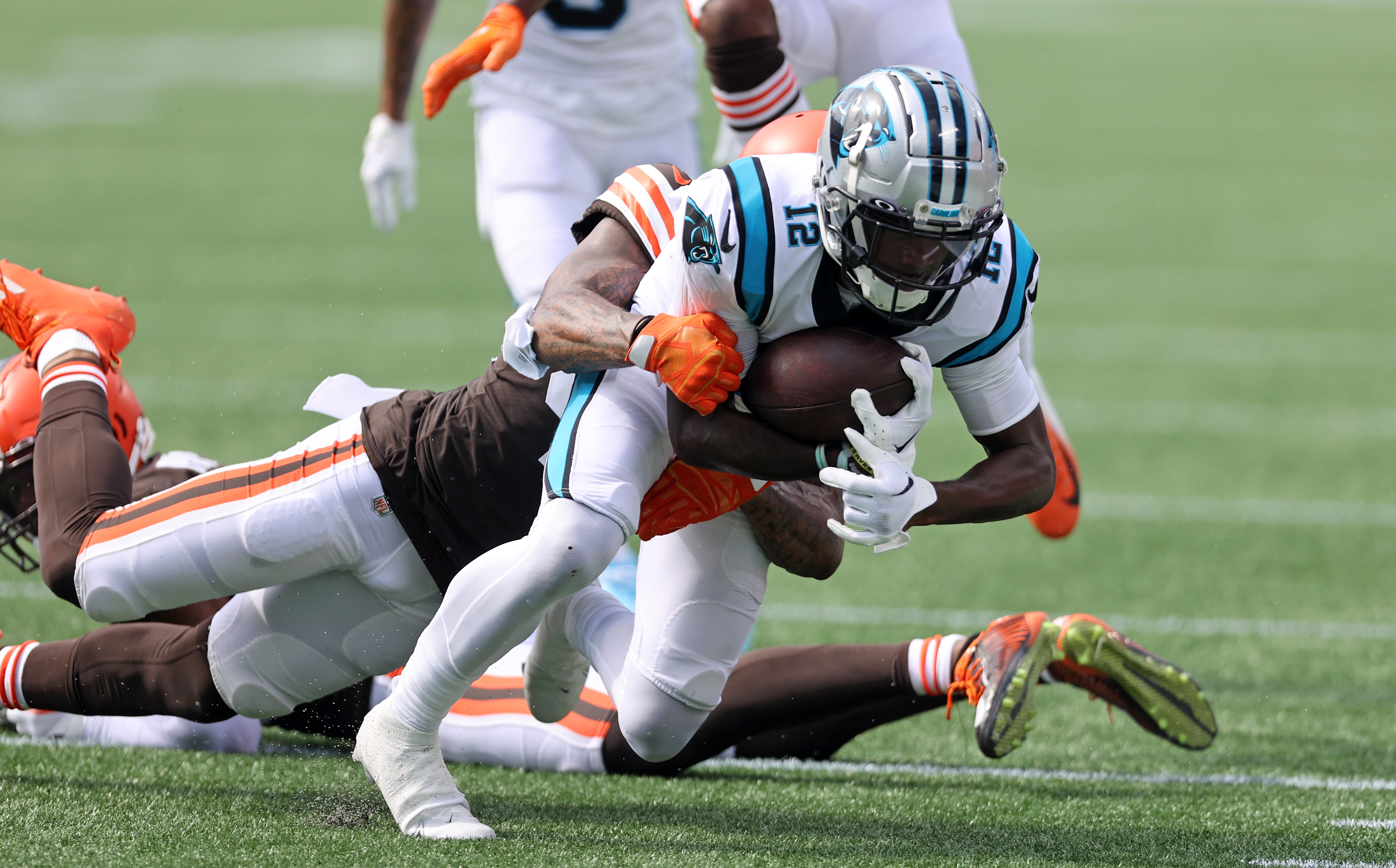 Carolina Panthers wide receiver Shi Smith (12) reacts after a