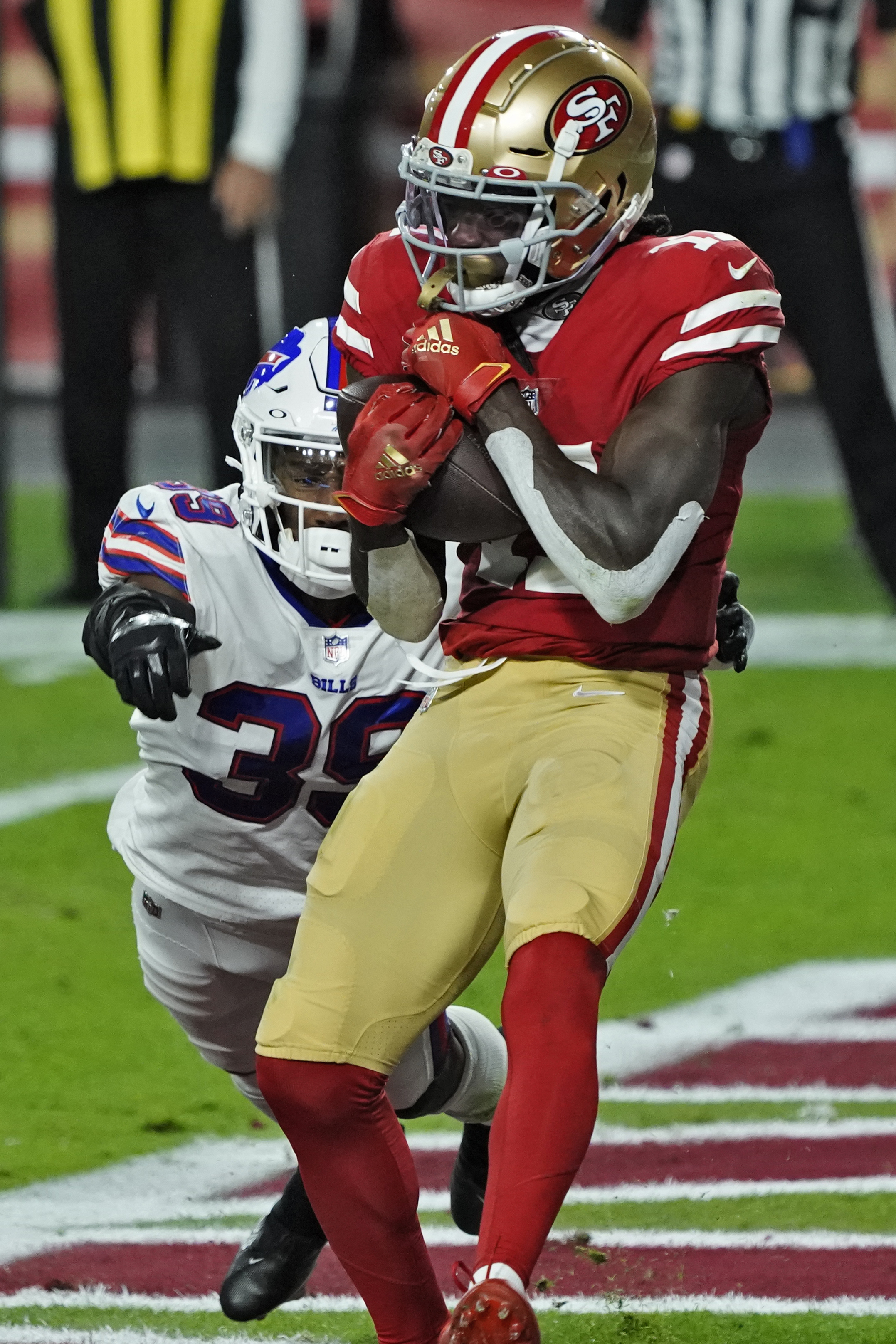 Buffalo Bills guard Ike Boettger (65) blocks against the Seattle Seahawks  during the second half of an NFL football game, Sunday, Nov. 8, 2020, in  Orchard Park, N.Y. (AP Photo/Adrian Kraus Stock