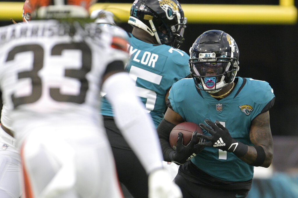 Cleveland Browns wide receiver Travell Harris (83) walks off the field at  the end of an NFL preseason football game against the Jacksonville Jaguars,  Friday, Aug. 12, 2022, in Jacksonville, Fla. The