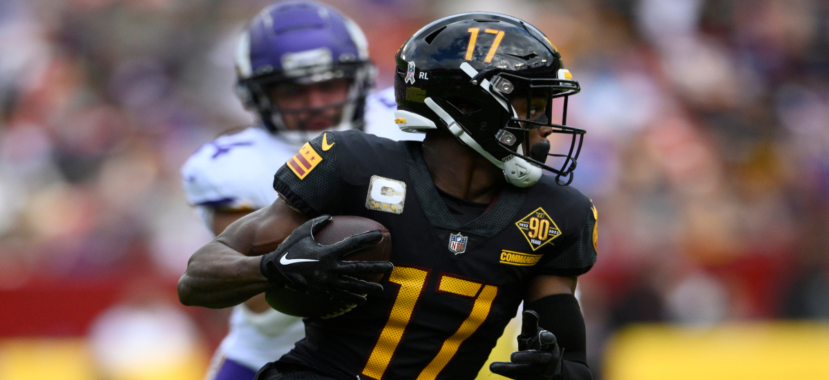 Washington Commanders wide receiver Terry McLaurin (17) in action during  the second half of an NFL football game against the Minnesota Vikings,  Sunday, Nov. 6, 2022, in Landover, Md. (AP Photo/Nick Wass