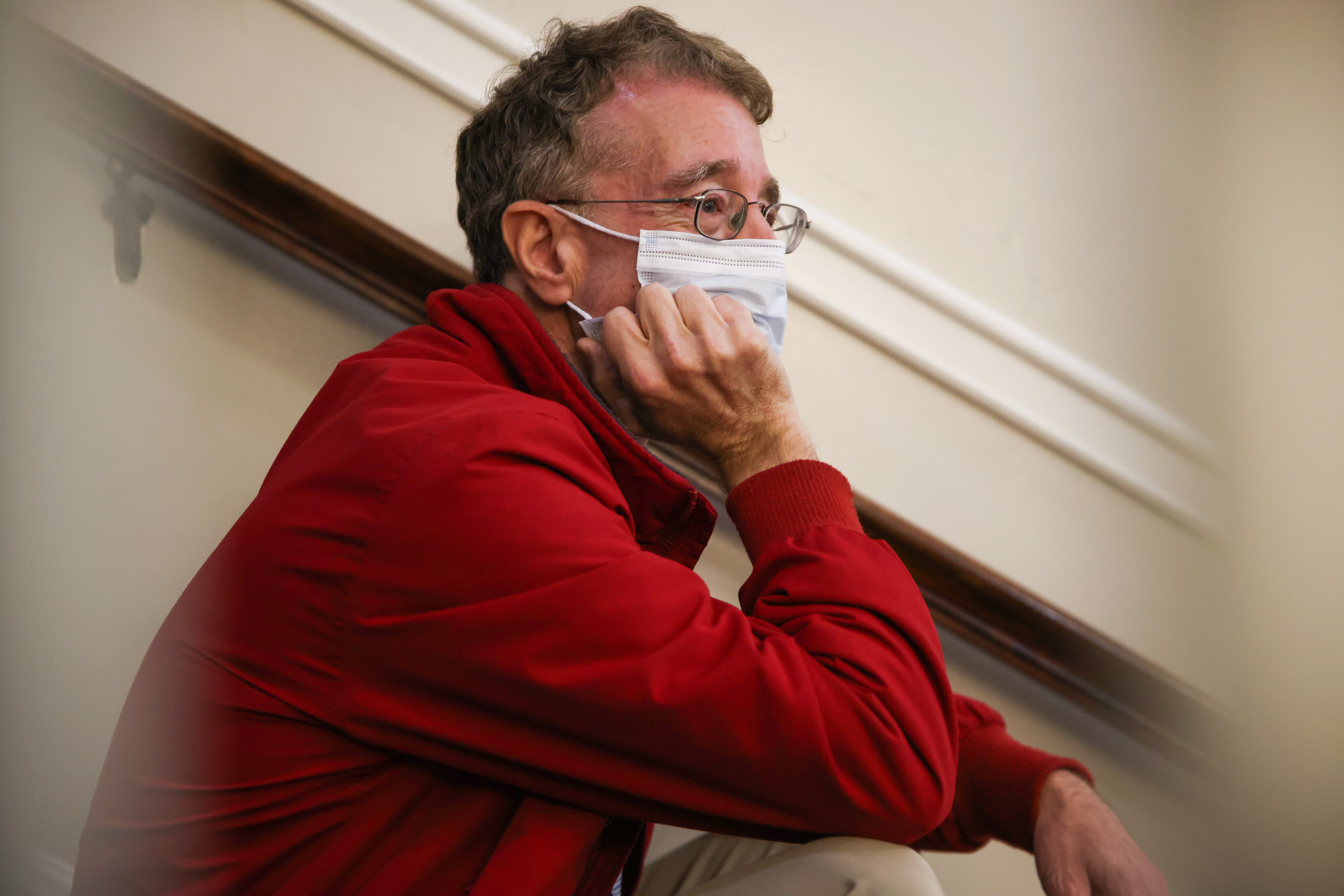 Mayoral candidate Marc Warner awaits preliminary election results Sept. 28, 2021, at Northampton City Hall. (Hoang 'Leon' Nguyen / The Republican)
