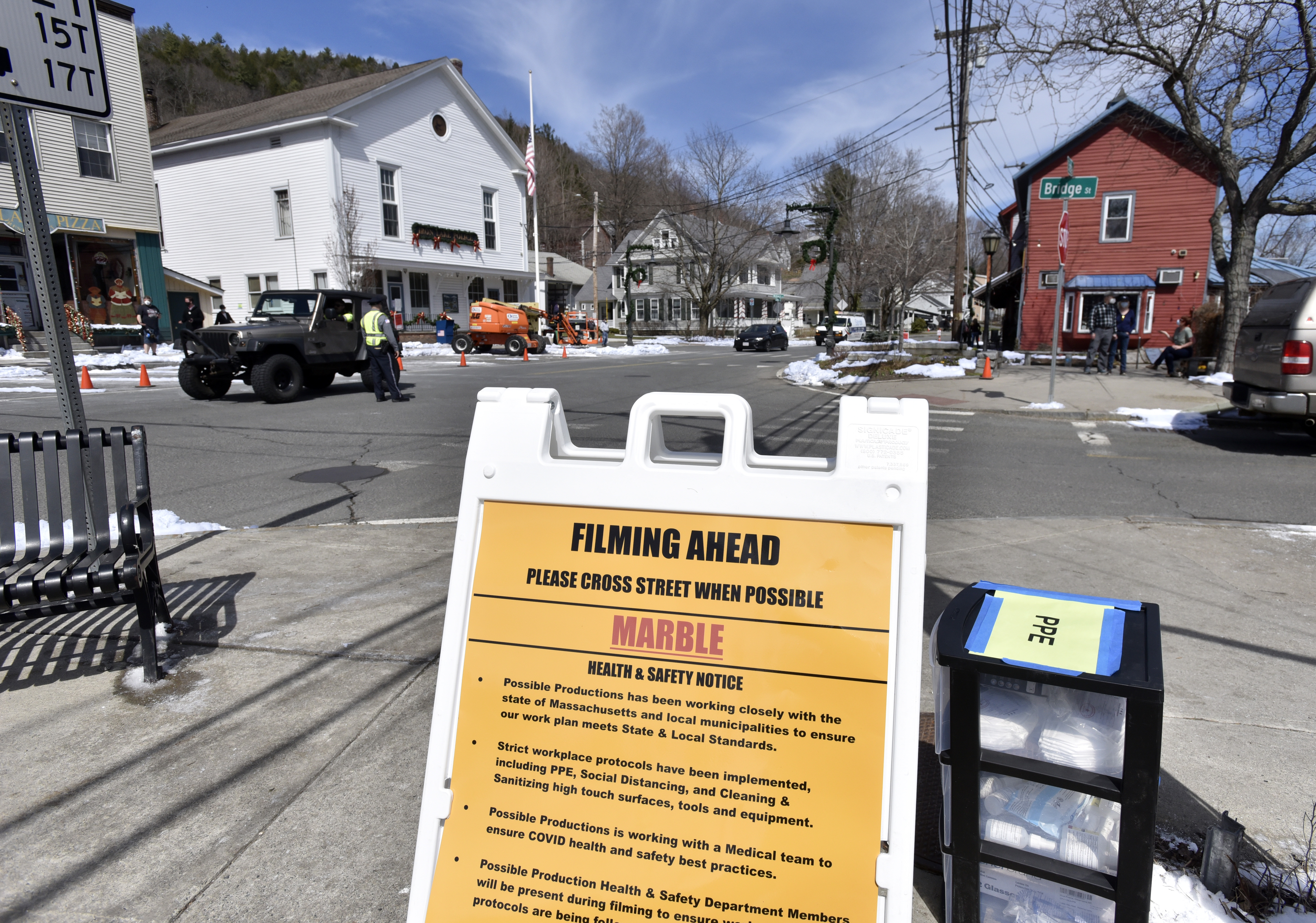 A sign warns pedestrians that the filming of the show Dexter is taking place in downtown Shelburne Falls and Buckland, April 7, 2021.   (Don Treeger / The Republican)