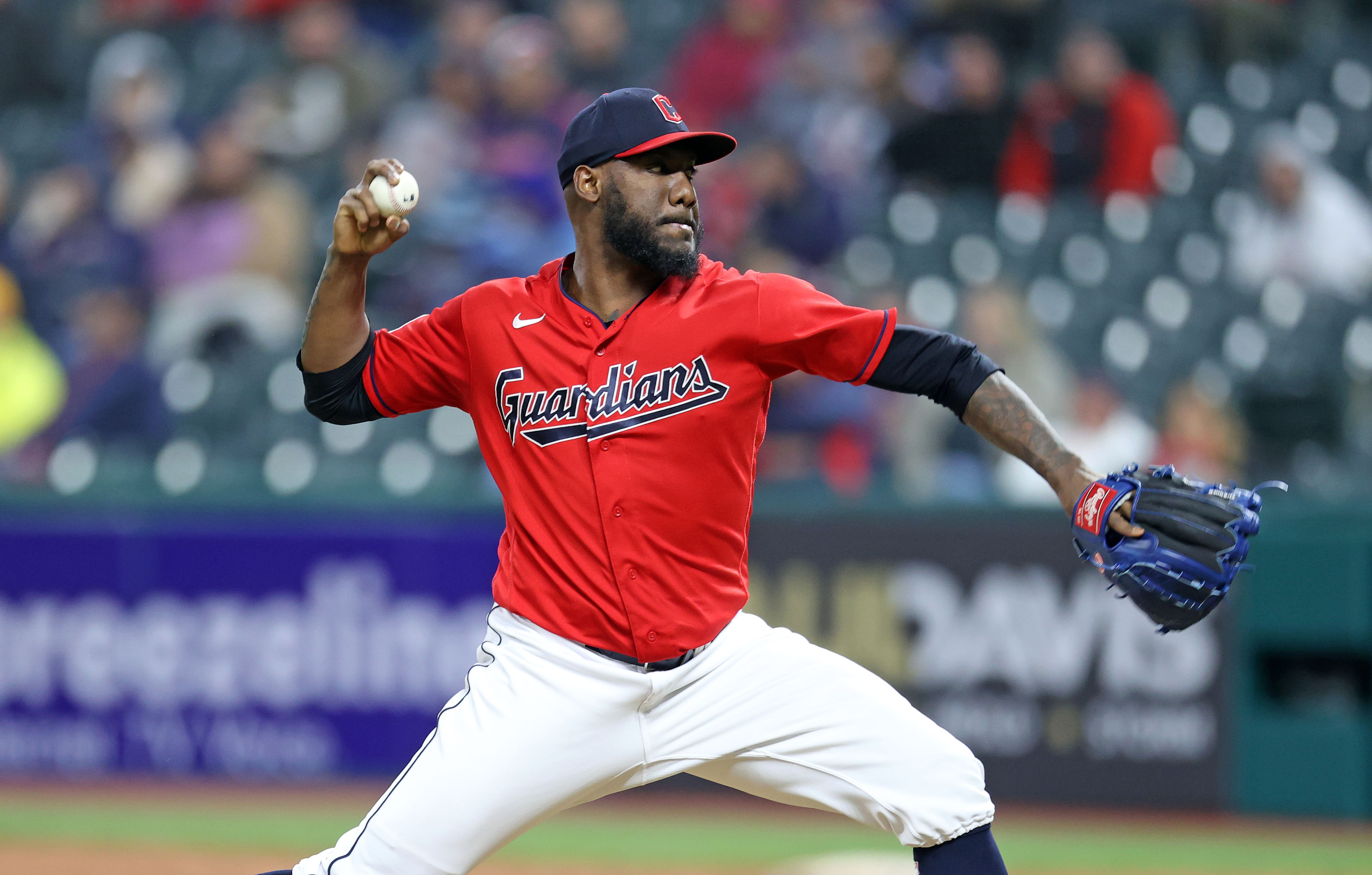 Cleveland Guardians relief pitcher Enyel De Los Santos (62) pitches in the  eighth inning against the Cleveland Guardians in a baseball game, Monday,  May 1, 2023, in New York. The Guardian's defeated