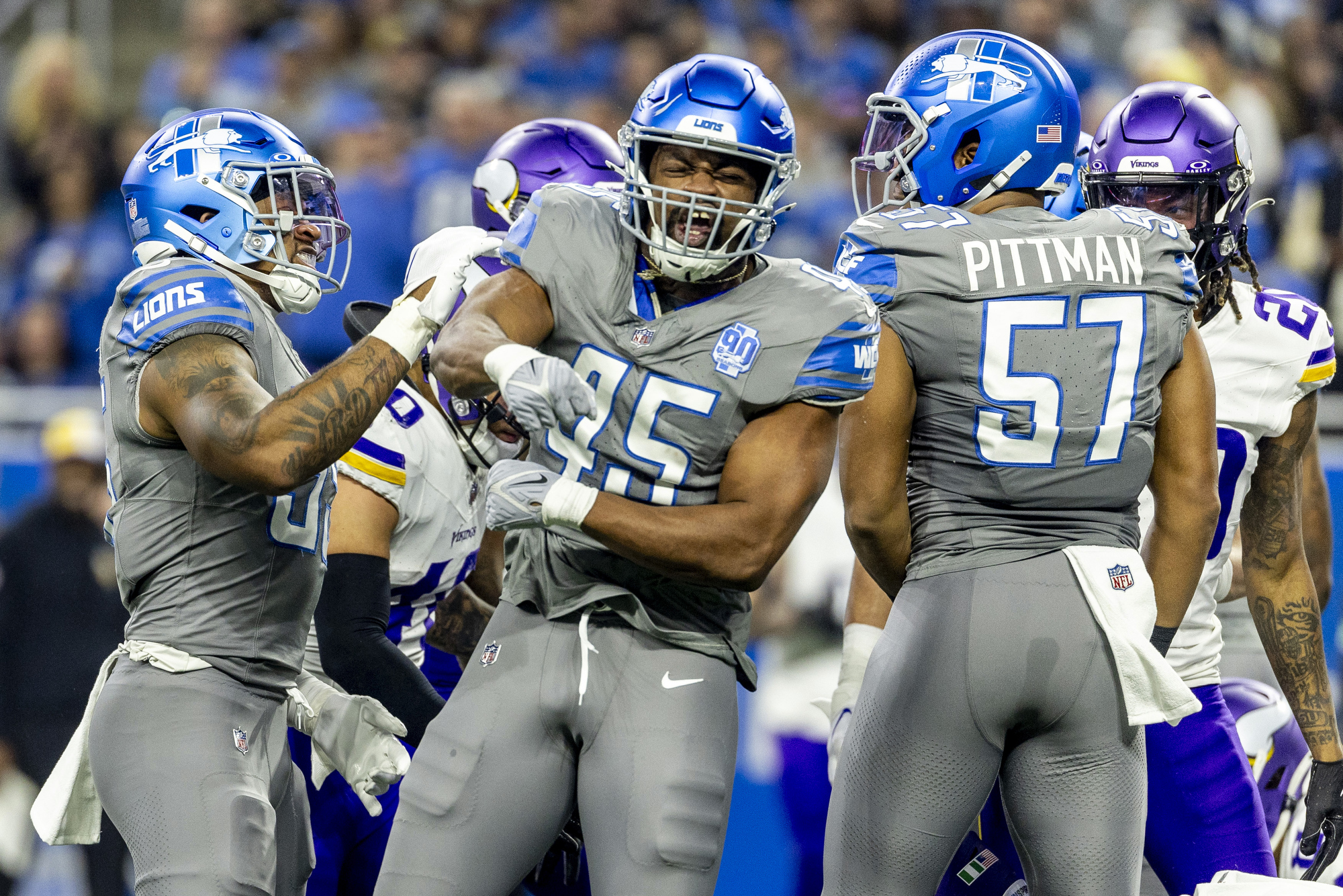 Detroit Lions players celebrate a tackle on a kick return in the last regular season game against the Minnesota Vikings on Sunday, Jan. 7, 2024 at Ford Field in Detroit.