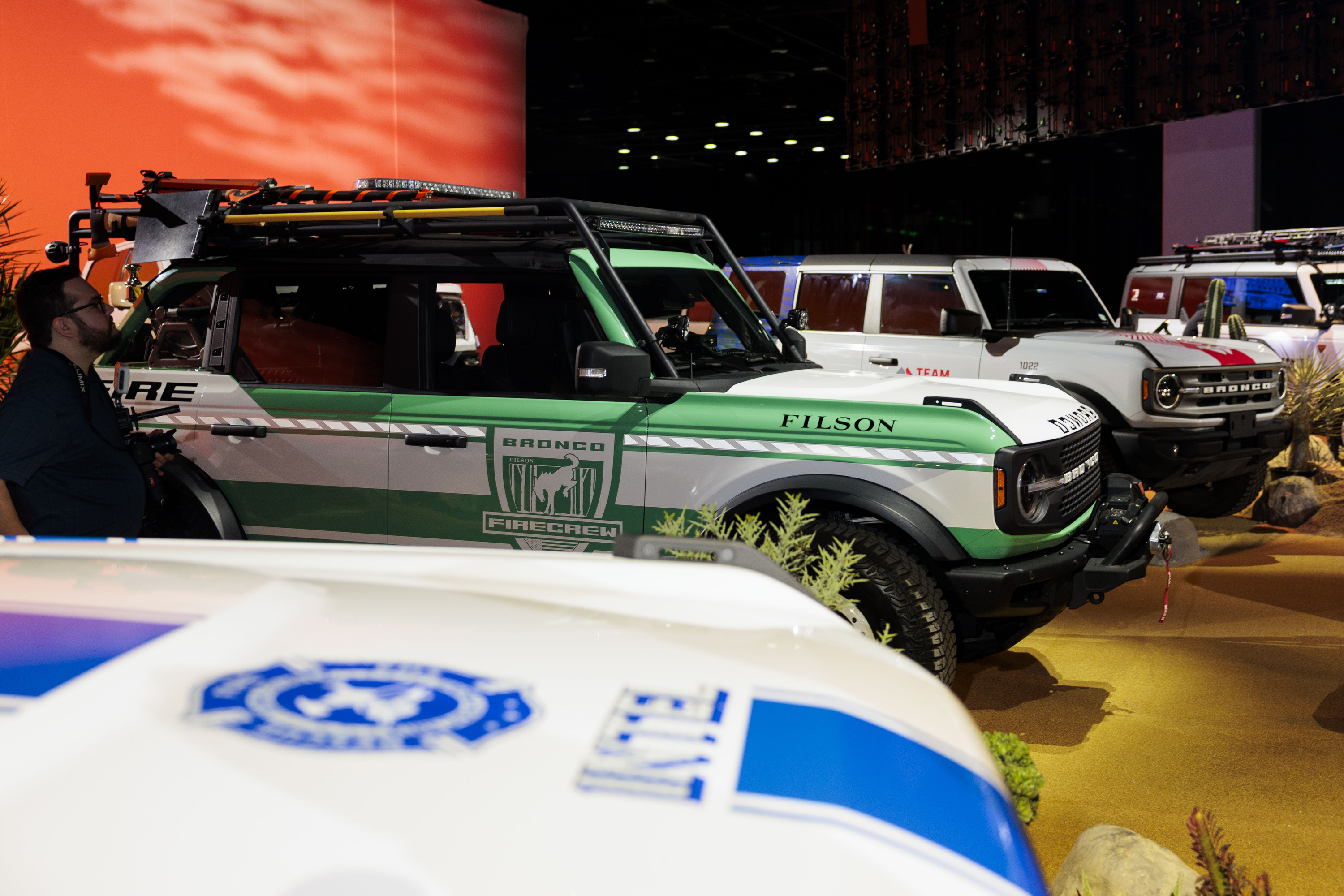 Ford Broncos on display during a Ford Motor Company event ahead of the Detroit Auto Show at Huntinton Place in Detroit on Tuesday, Jan. 13 2026.