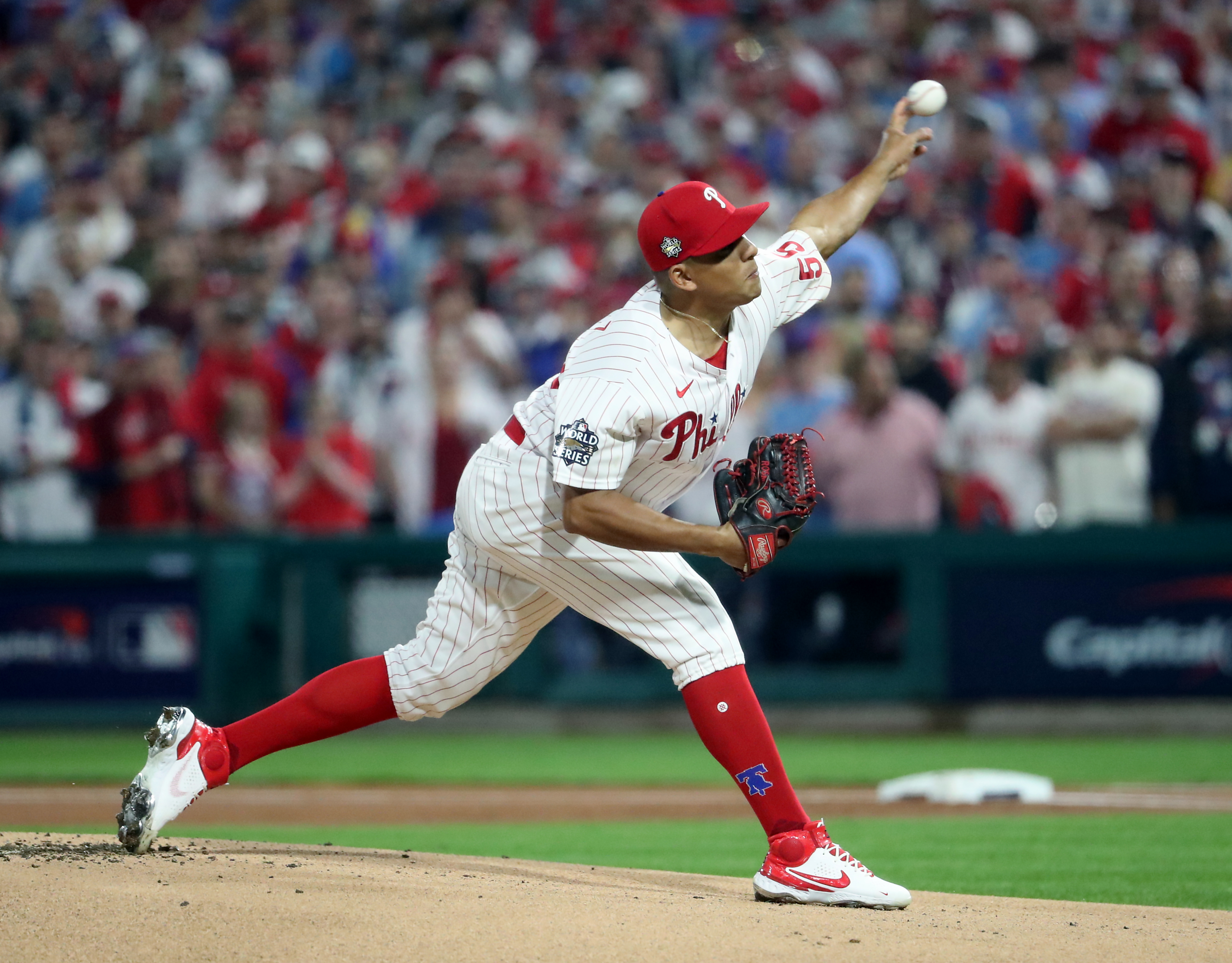 Ranger Suarez (55) of the Philadelphia Phillies delivers the pitch in the first inning during World Series Game 3 against the Houston Astros at Citizens Bank Park, Tuesday, Nov. 1, 2022.