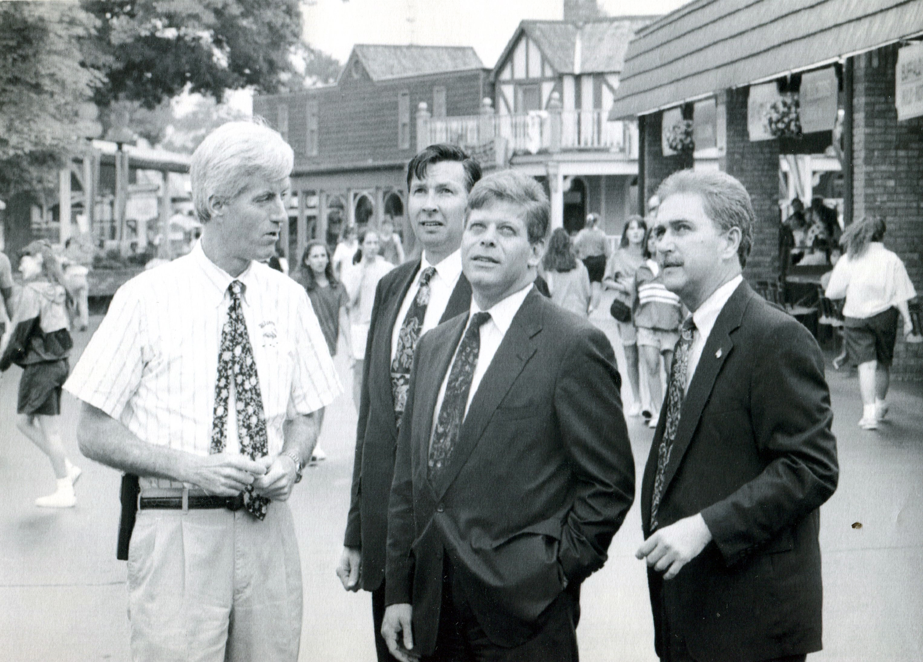 June 19, 1992 - Agawam - From left, Ed Carroll of Riverside Park provides a tour of the park to  Larry Giordano, public safety commissioner; State Rep. Paul Caron, and State Sen. James P. Jajuga  (Republican file photo) Staff-Shot
