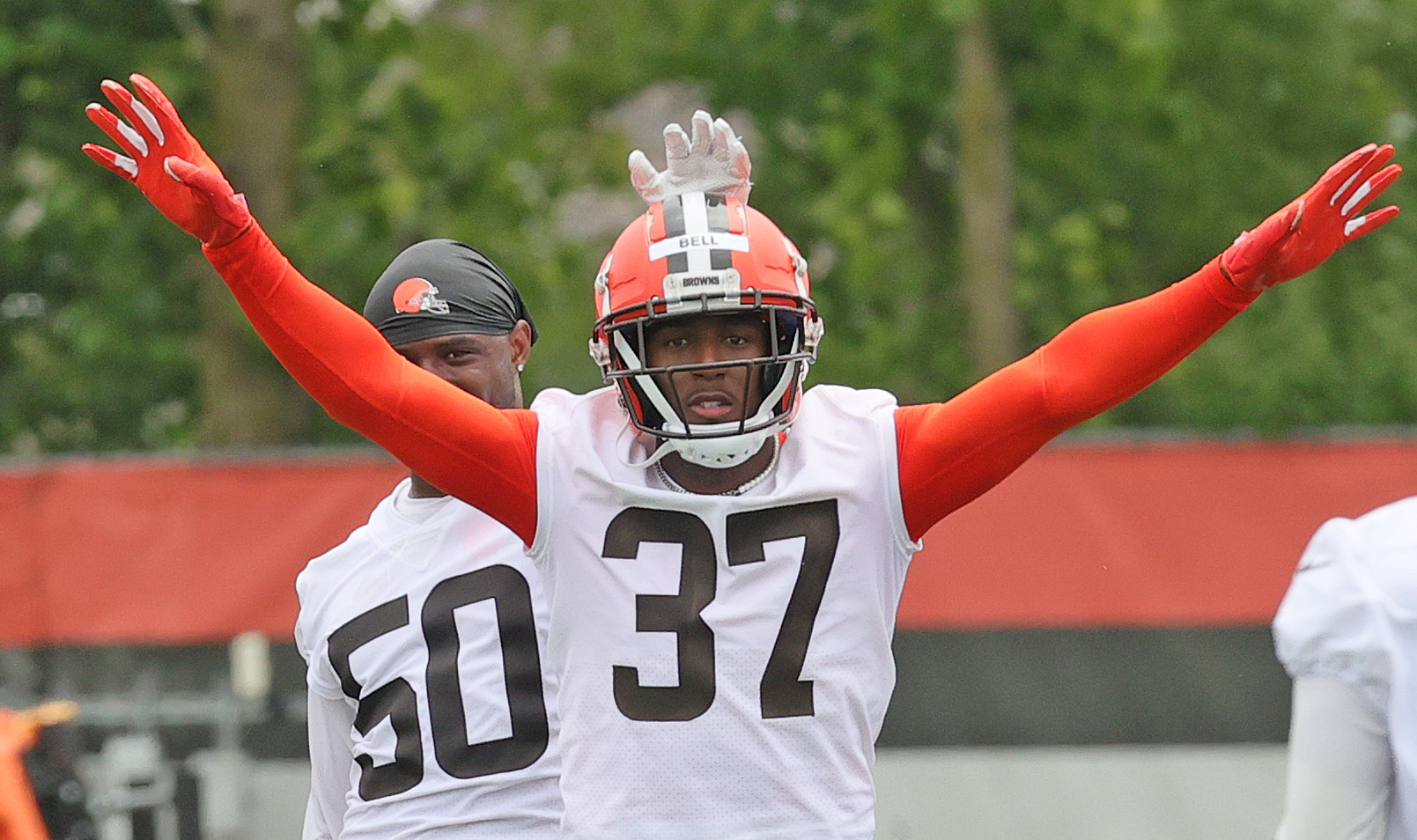 Cleveland Browns safety D'Anthony Bell (37) celebrates during an NFL  preseason football game against the Chicago Bears, Saturday, Aug. 27, 2022,  in Cleveland. The Bears won 21-20. (AP Photo/David Richard Stock Photo -  Alamy