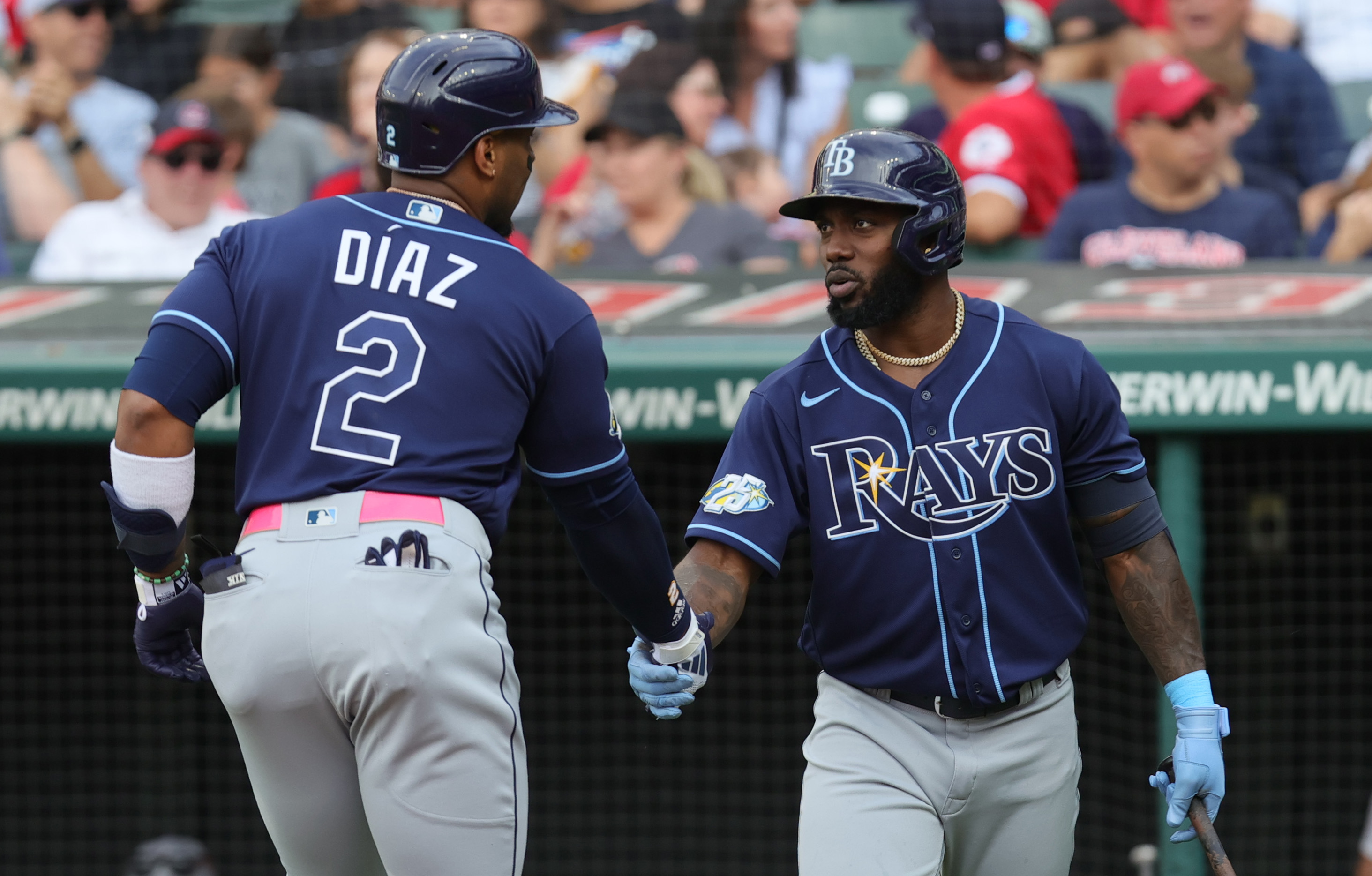 Tampa Bay Rays left fielder Randy Arozarena congratulates Rays first baseman Yandy Diaz after a solo homer