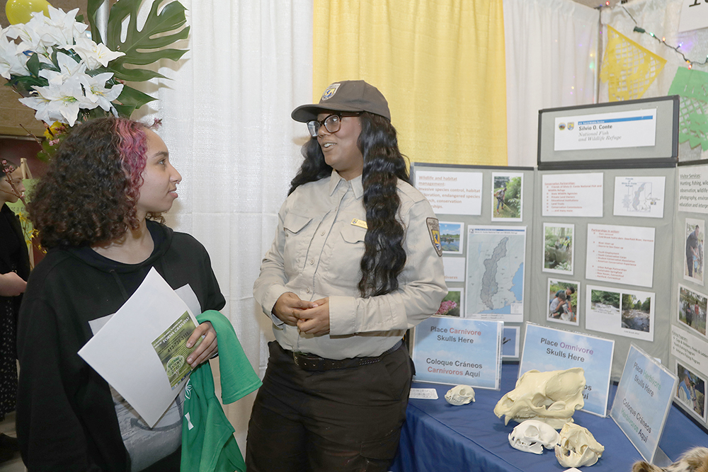 Tasha Daniels from the US Fish and Wildlife Service spoke to students about innovations in Fish and Wildlife Sustainability at the Sustainathon event taking place in the gym in building 2 at Springfield Technical Community College on April 11th. (Ed Cohen Photo) 